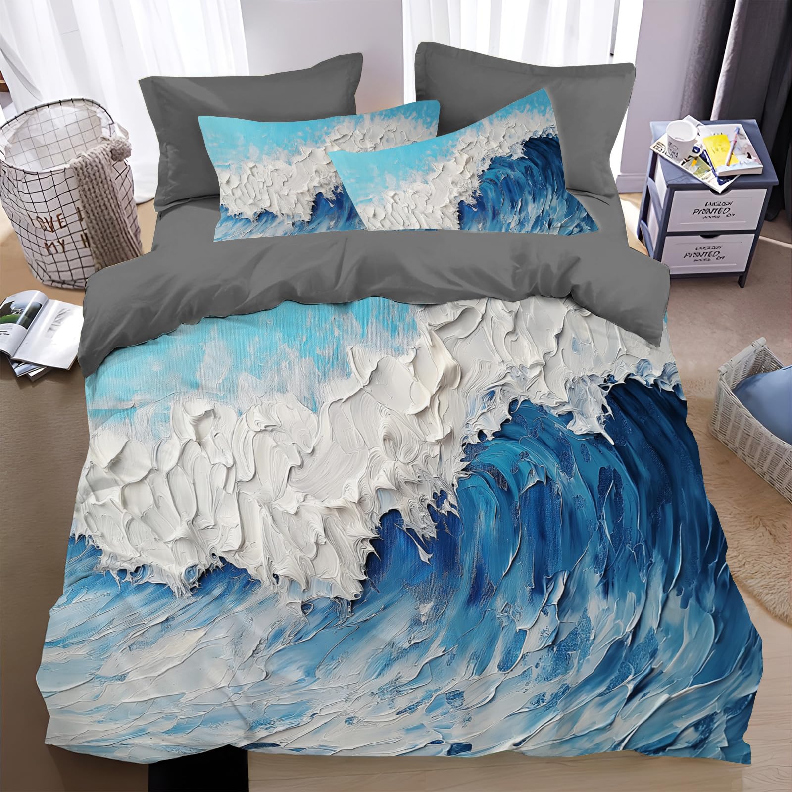 Housse de couette 240x260 flots anti-glisse en microfibre zip