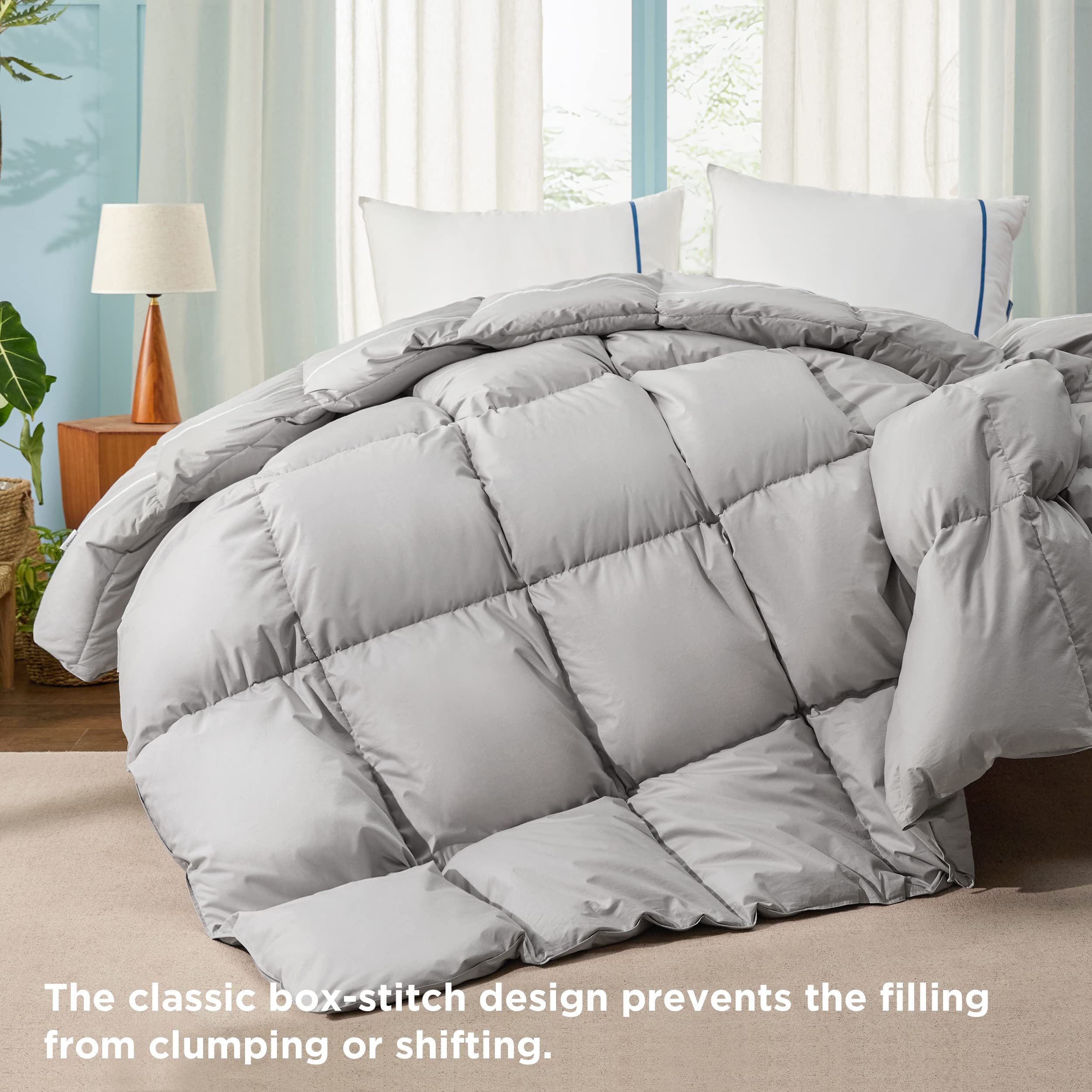 Bedsure Goose Feather Down Comforter Queen Size - Medium Weight Down Duvet Insert for All Seasons, 8 Corner Tabs, Machine Washable (90x90 Inches, Grey)