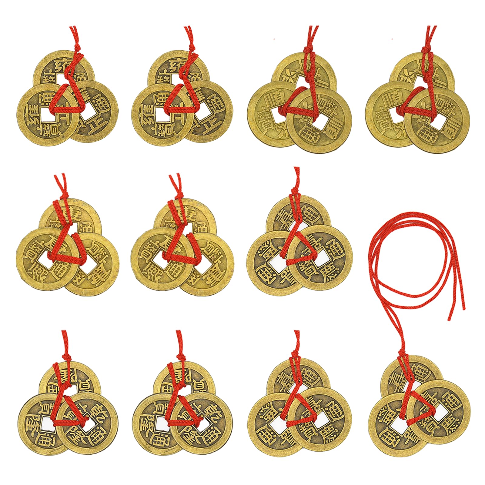 Chinese Fortune Coins Feng Shui Coins I-Ching Coins Traditional Coins with Red String for Wealth and Success, 5 Styles (1 set of 3pcs, 10 sets)