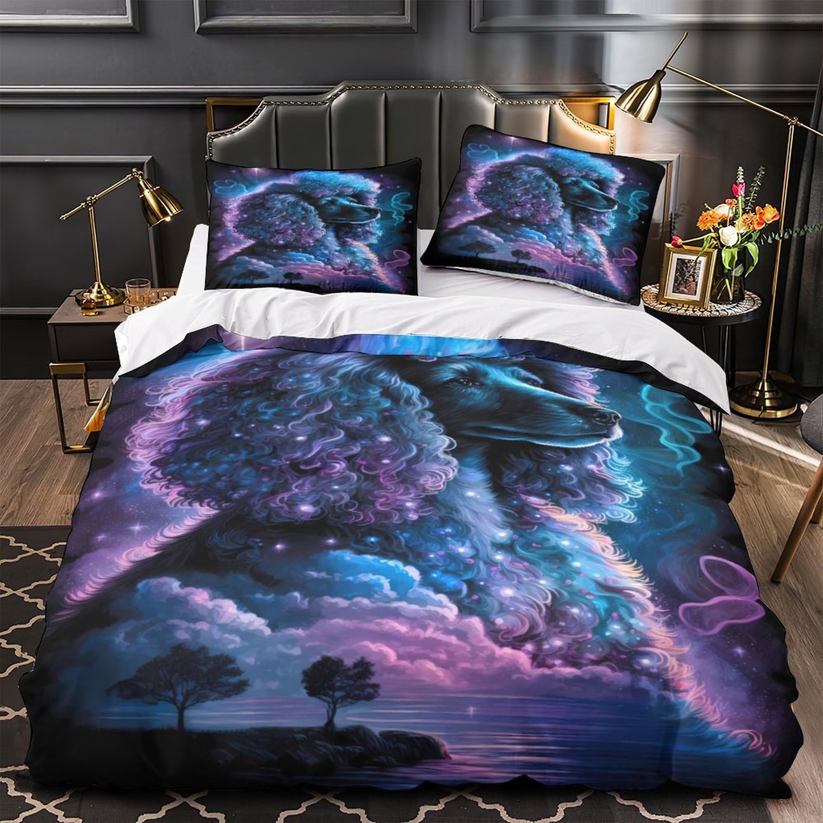 Cosmic Poodle Set Di Copripiumino morbida microfibra 3 Pezzi stampa 3D con federa Fantasia Set Di Copripiumino cerniera ariosa morbido for ragazze King（220x240cm）