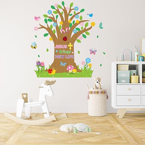 Miniatura 6 de Yopyame Juego de 89 tablones de anuncios de árbol de aula cristiana de Jesús Brings New Life, decoración de árbol de clase religiosa de primavera,