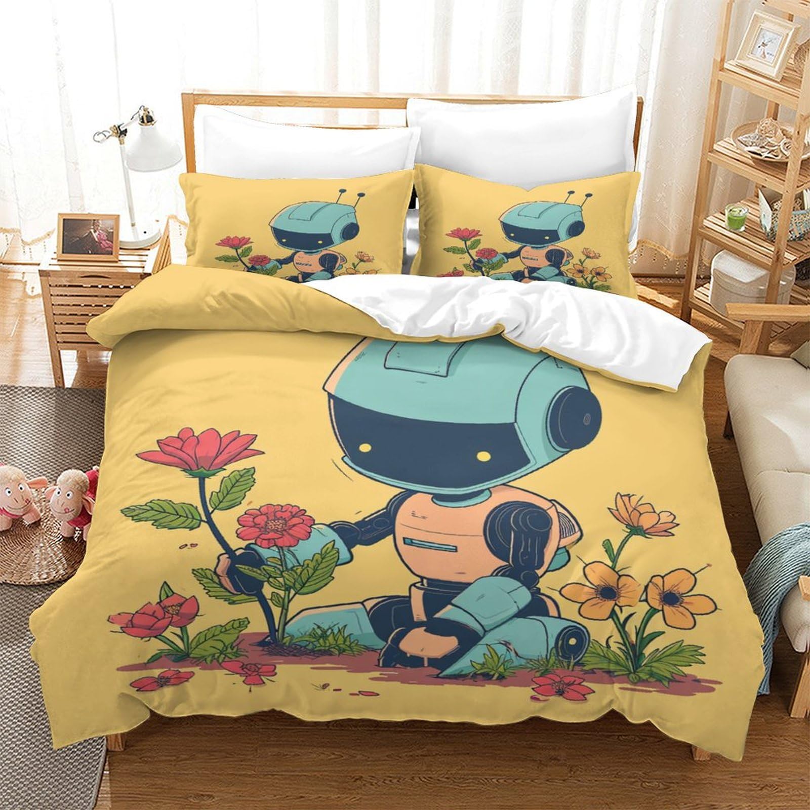 P1S9U7W5Y Cartoon Robot Floral 3D Printed Microfiber 3pcs Duvet Cover Set, Kids Illustration Bedding Set Single（140x200cm）