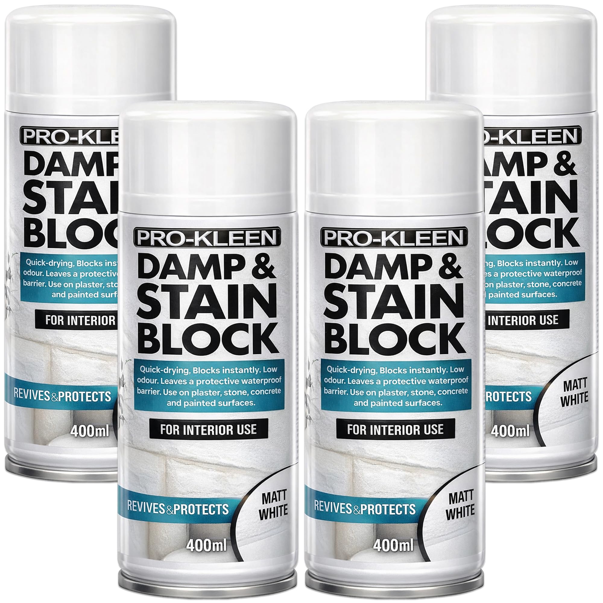 Pro-Kleen Damp & Stain Block Spray Paint Primer White Matt 4 x 400ml - Covers Damp, Mould, Grease, Nicotine & Rust Stains - For Walls & Ceilings - Leaves a Waterproof Barrier