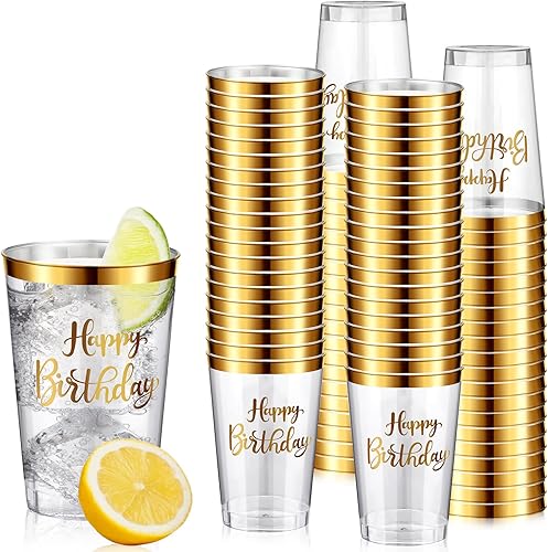 Miniatura 1 de Hoolerry 80 vasos de plástico con borde dorado de 12 onzas, vasos de plástico transparentes desechables dorados para adultos, regalos de fiesta para