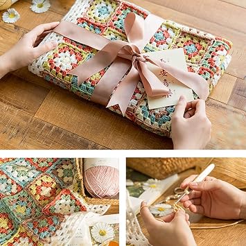 Crochet Blanket Kit for Beginners Granny Square Pattern, Easy Starter Knitting Kit Contains: Cotton Yarn, 2 Hooks, Tools, Instructions, Video Tutorial for Adults and Kids, 41 * 31 Inch