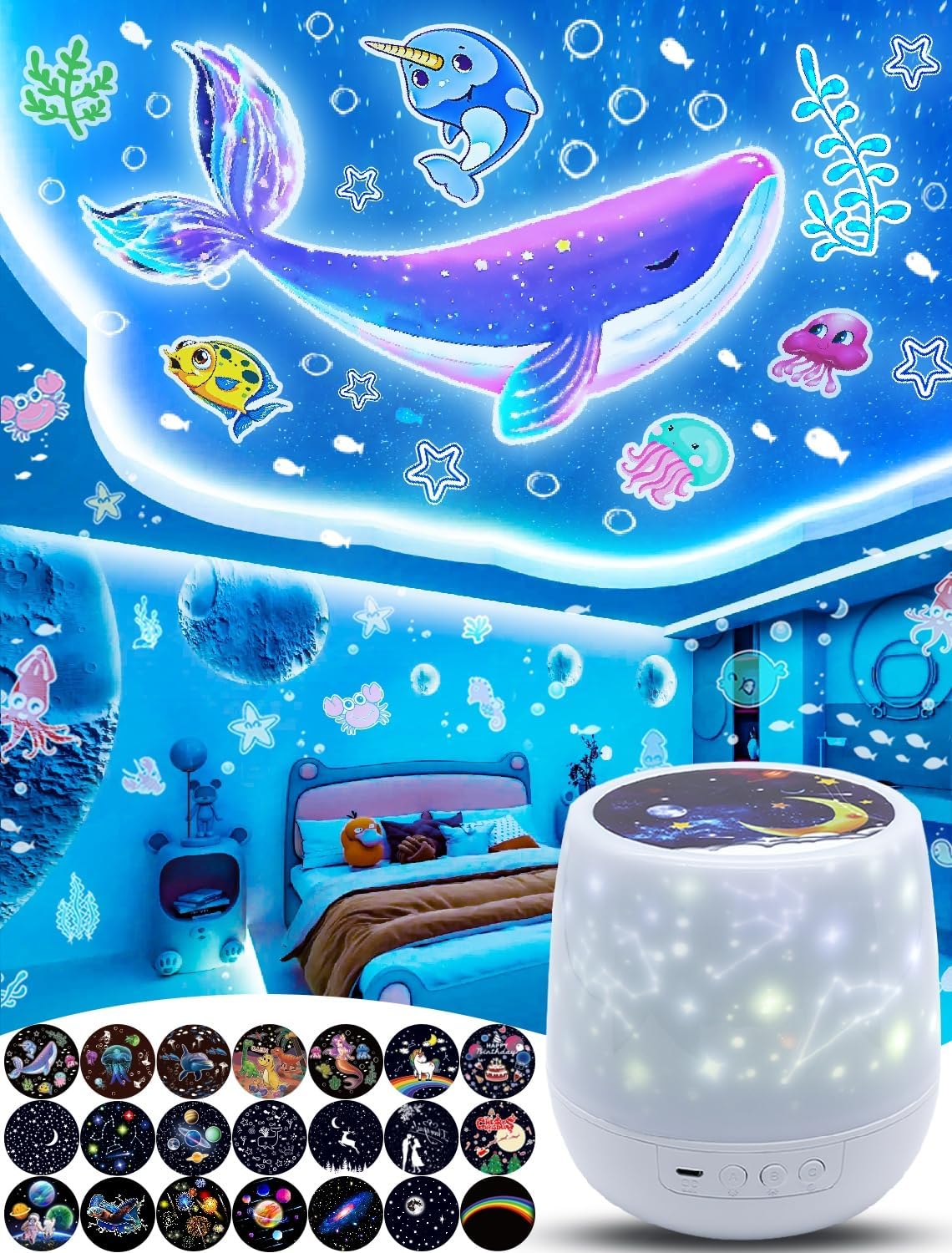 Luz nocturna para niños + 21 juegos de películas, proyector de luz nocturna para dormitorio de niños, techo, proyector de galaxia de estrellas para