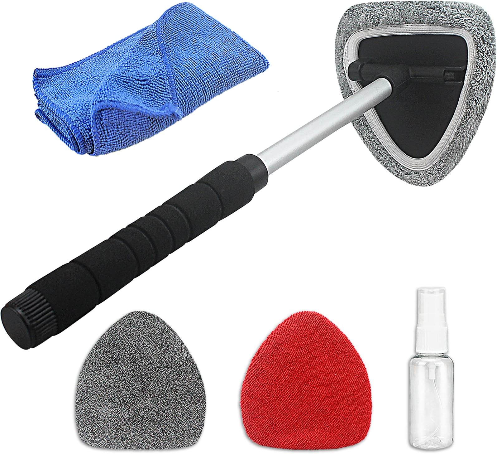Car Cleaning Window Tool, Microfiber Car Window Cleaning Tool with 2 Washable and Reusable Cloth Pad Head, Extendable Handle and Spray Bottle for Auto Glass Wiper Car