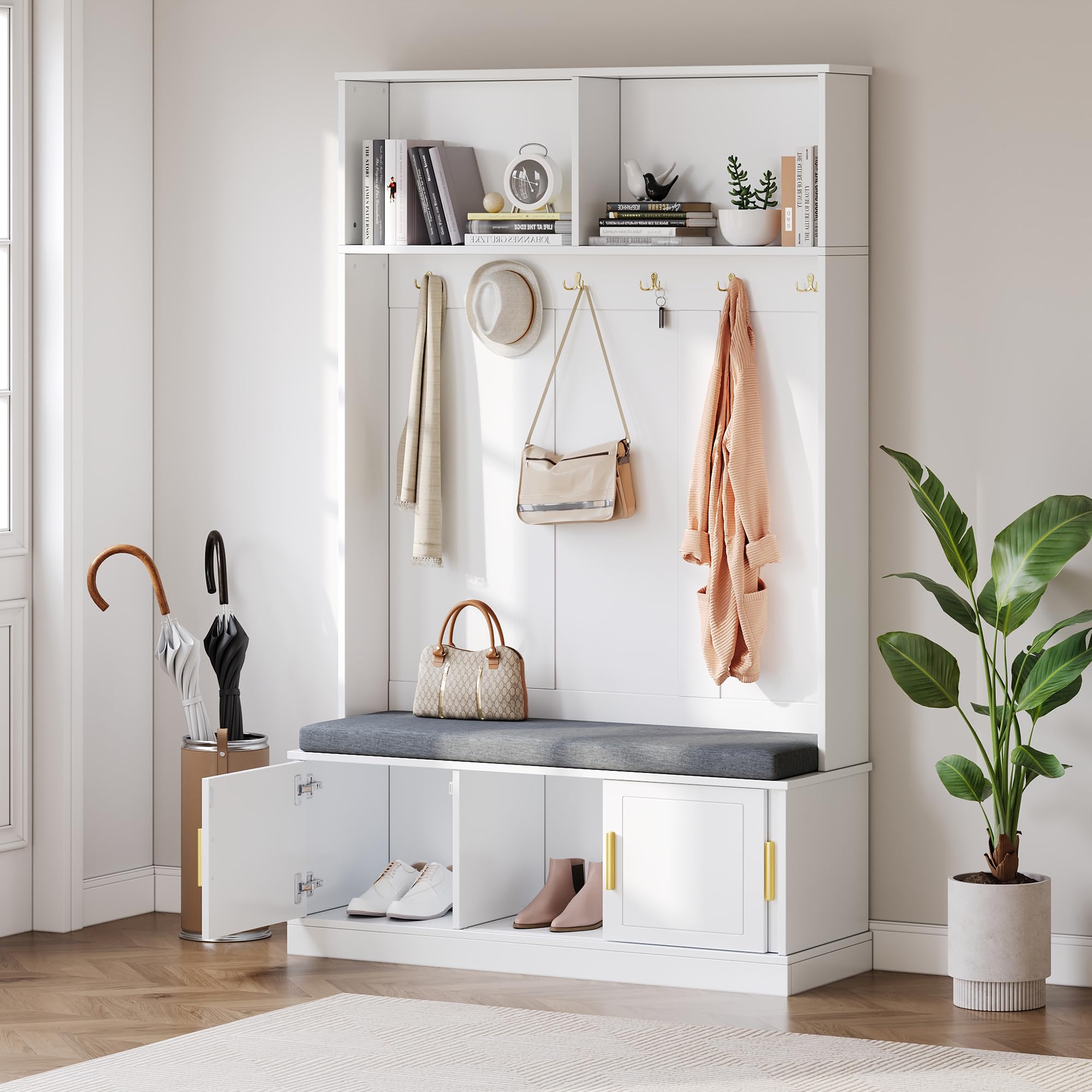 Vestiaire D'EntréE avec Banc Et Rangement à Chaussures, Meuble D'EntréE avec 6 Crochets Triples, Porte-Manteau Multifonctionnel en Bois avec Tabouret Rembourré pour L'EntréE Ou Le Couloir