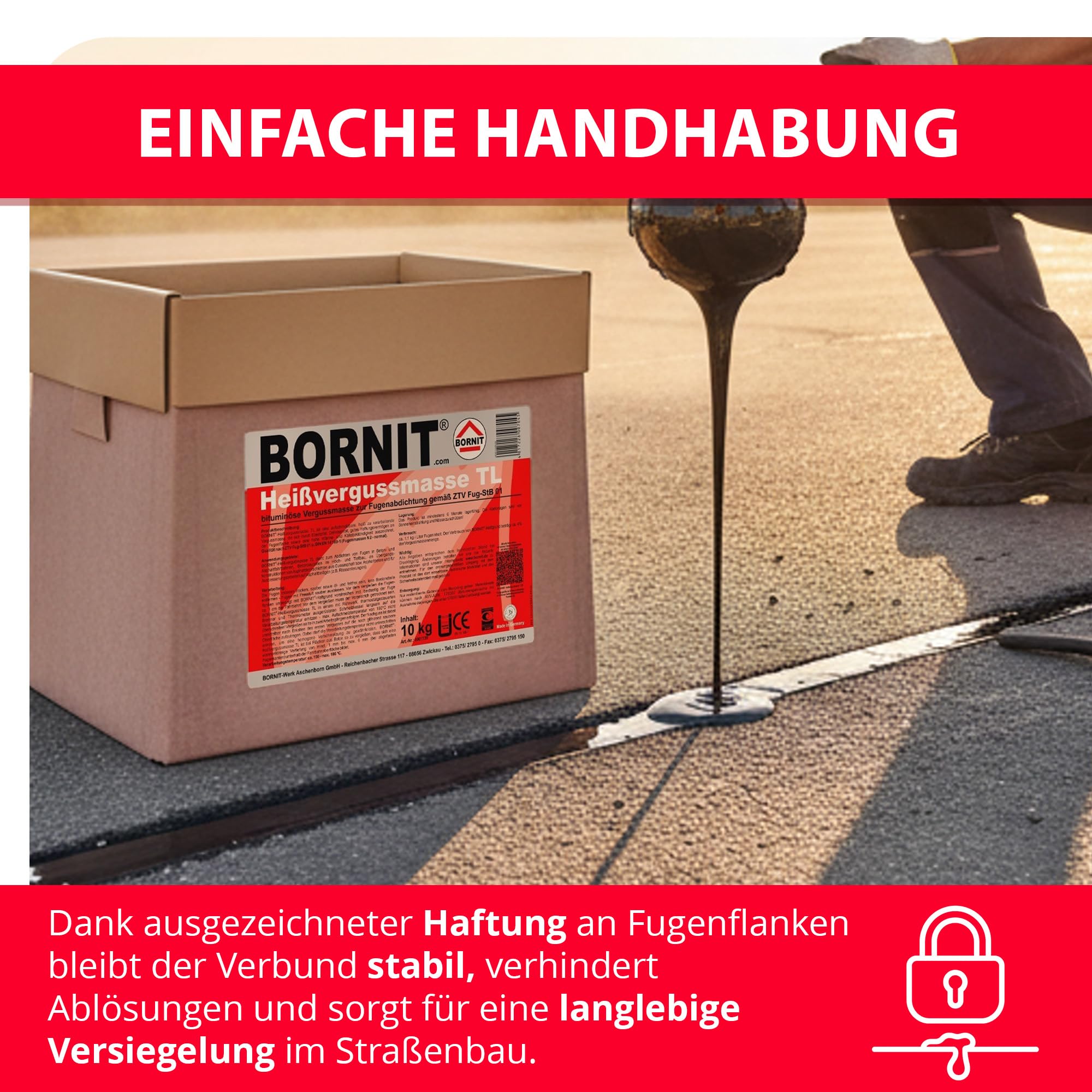 BORNIT Heißvergussmasse TL 10 kg Bitumen Dichtmasse Asphalt Rissfüller Asphalt Reparatur [polymermodifiziert] Straßen Vergussmasse elastische Fugenmasse Rissfüller für Asphalt Beton Brücke Baustelle
