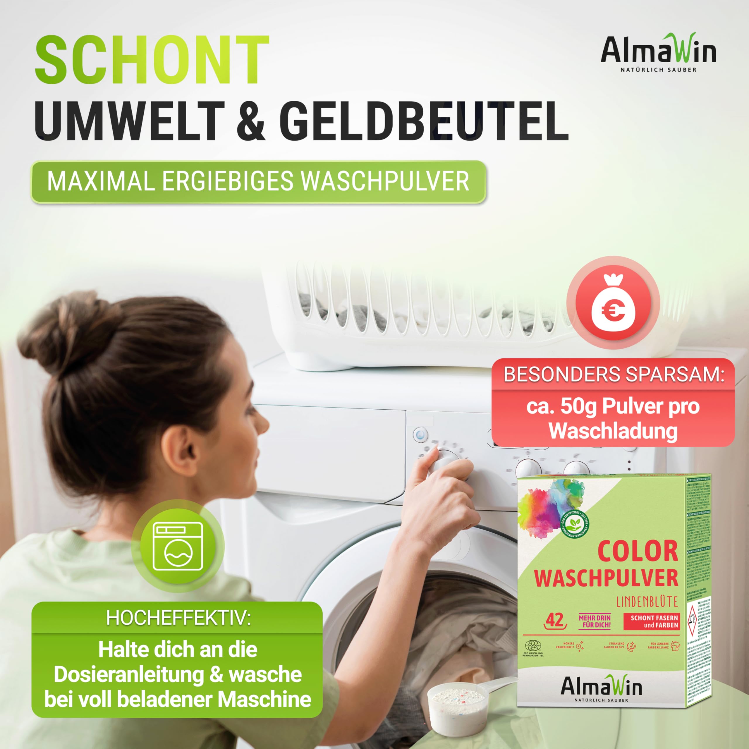 AlmaWin Color Lessive en poudre Fleur de tilleul 2 kg, 42 lavages, végétalien