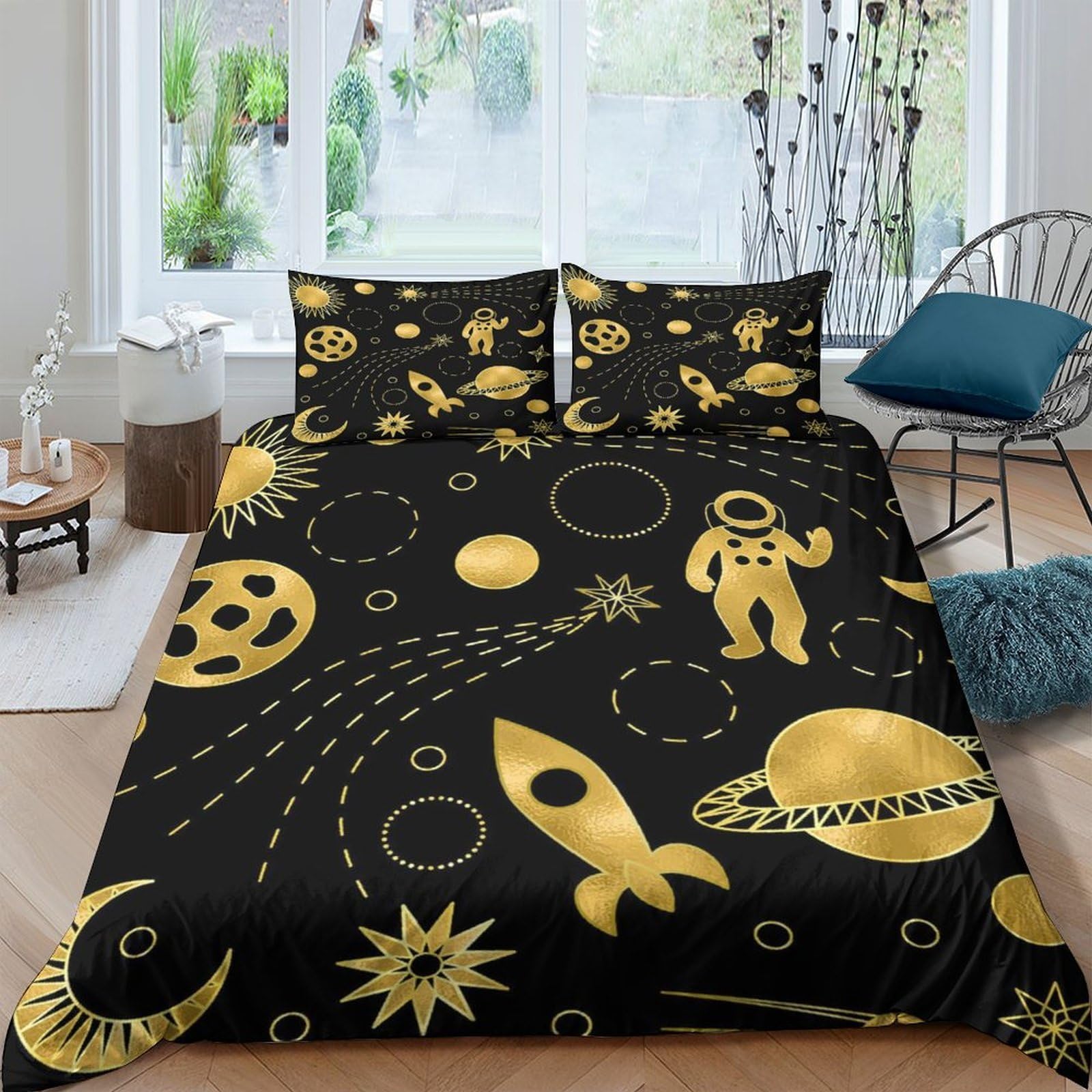 Ctjqhvkz Style-1 3D Printed Golden Space Astronaut Fitted Sheet Microfiber Soft Black Rocket Moon Mattress Cover For Bedroom Dorm Room Decor Single（135X200cm）