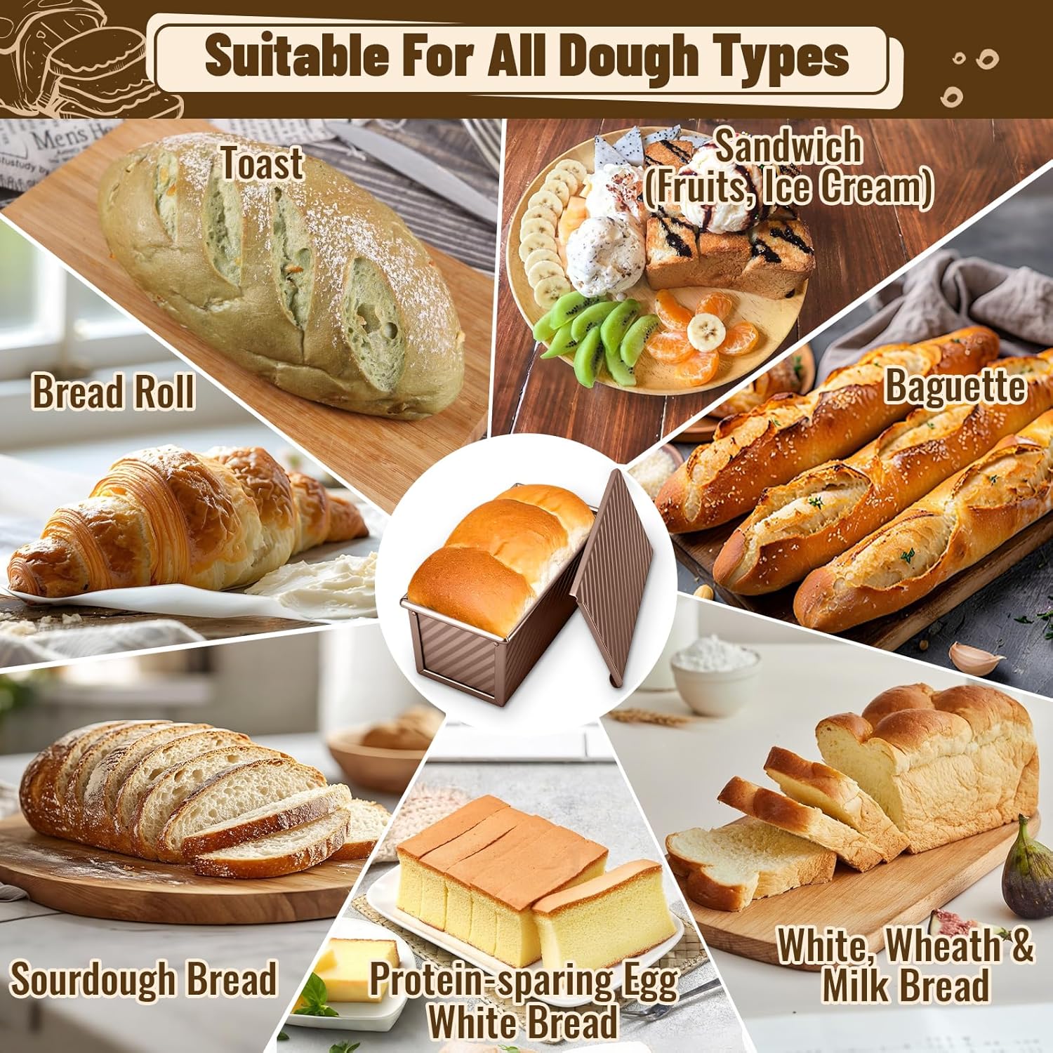 3 Pack Pullman Loaf Pans with Lids, 2.2LB 1LB 0.5LB Bread Pans, Non-stick Carbon Steel Bread Pans for Homemade Sandwich and Baking Sourdough Bread, Corrugated Toast Mold, Golden - Image 7