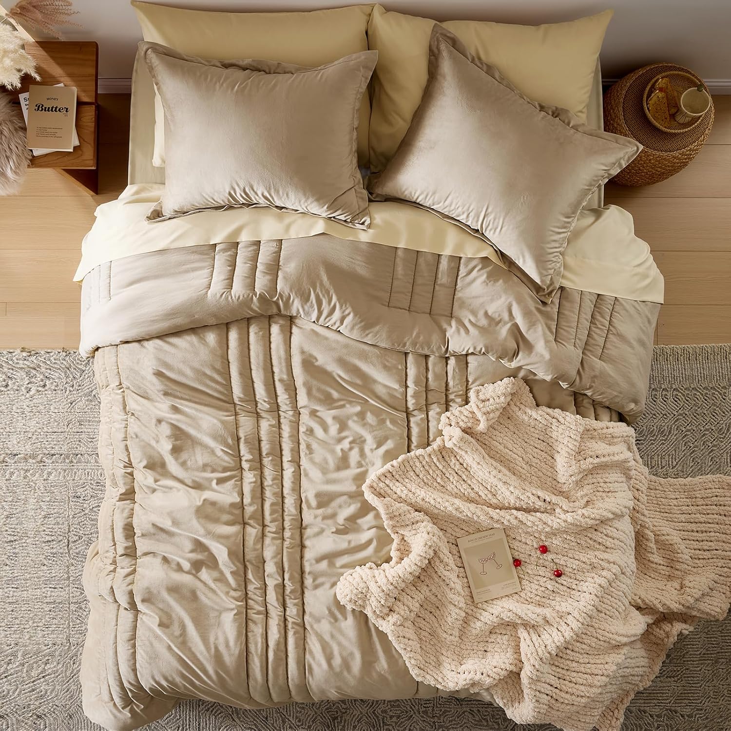 MUSSEL Bedding Comforter Set Queen Size 3 Pieces-Neutral Beige Champagne Striped Lightweight Bedroom Comforter Queen Size,Soft Velvet Bed Set for All Seasons with 2 Shams - Image 3