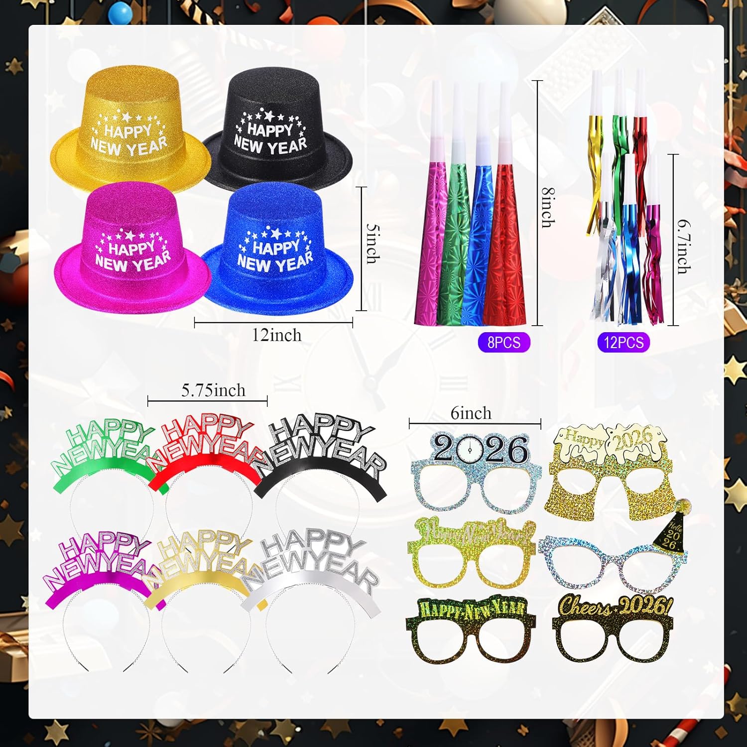 Sratte 36 Pcs 2026 New Year's Party Kit, 4 Colors Hats 12 Noisemakers 6 Eyeglasses 6 Headband Tiaras 8 Blowing Horns for Party New Year Eve Favors - Image 2