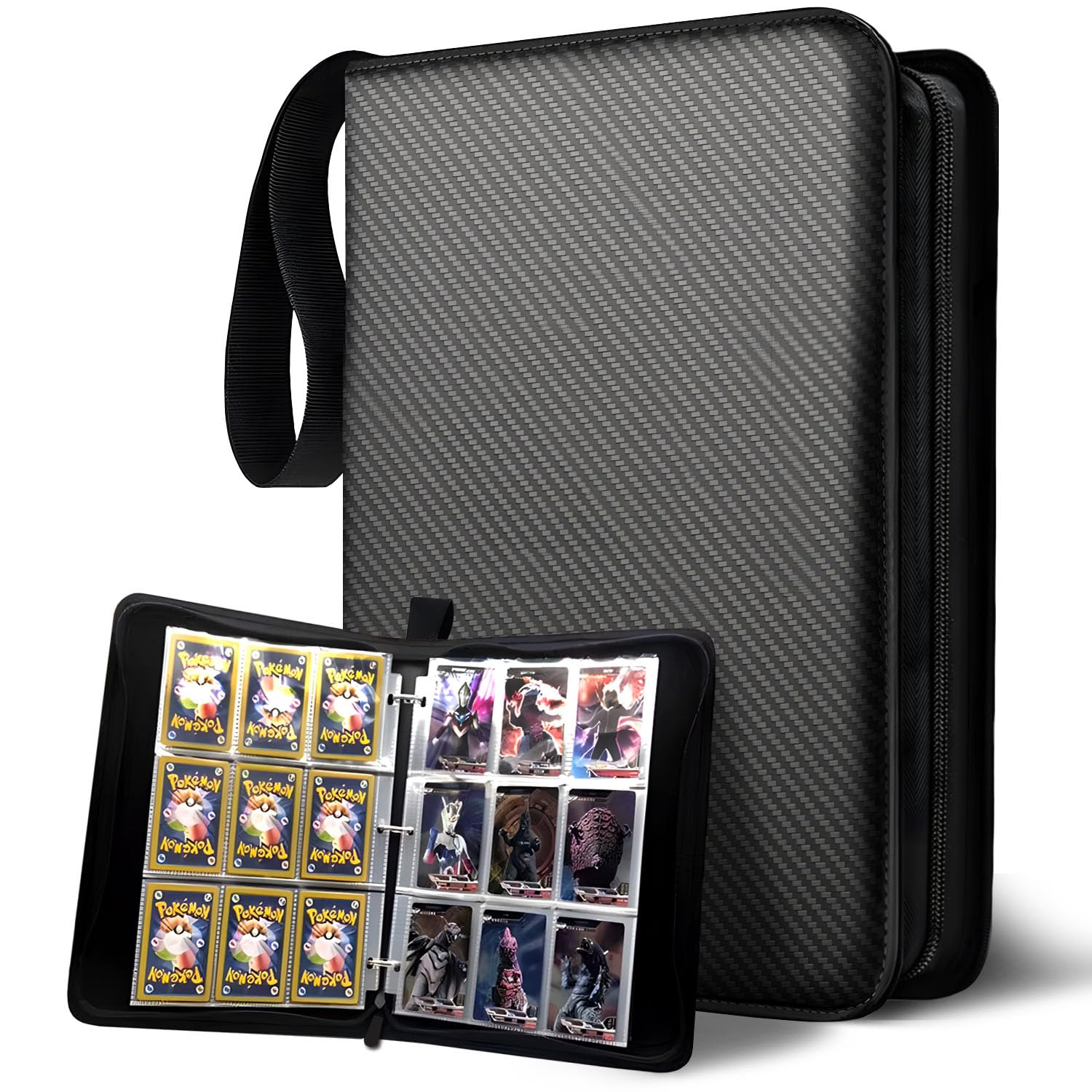 Trading Card Binder with 9 Pockets 50 detachable Sleeves 900 Cards Zipper Binder with Trading Album Display Clip for Boys and Girls Collectible Card Gifts Expandable (Twill black（9 pocket）)
