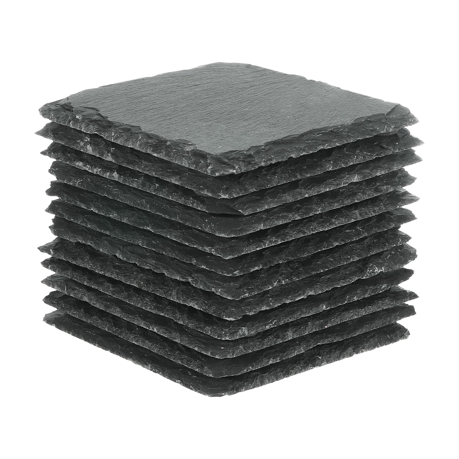 QUARKZMAN Posavasos de Pizarra, 12 PCS 4 x 4 Pulgadas - Posavasos Cuadrados de Piedra para Grabar Hechos a Mano con Base Antideslizante para Bebidas Café Bar Decoración del Hogar (Negro)