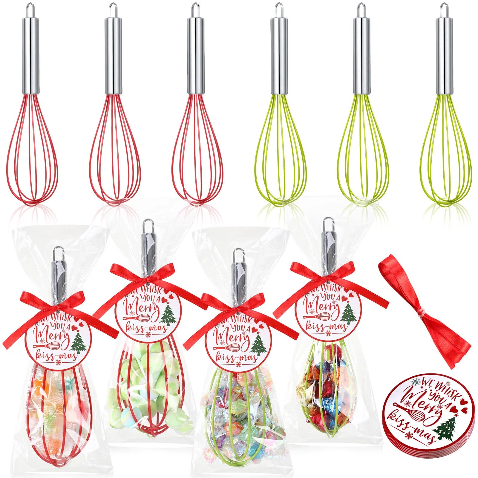 FoldTier 6 Sets 8 Inch Christmas Whisks Gifts DIY Fillable Christmas Tree Ornaments Xmas Colored Silicone Whisks for Cooking Heat Resistant Egg Beaters with Card Rope Bag for Candy Holder