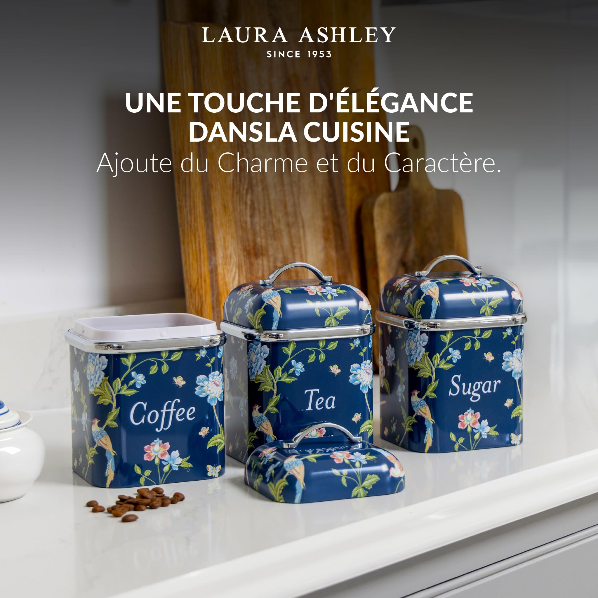 VQ Ensemble de 3 bocaux de rangement pour thé, café et sucre Laura Ashley, motif marin Elveden, élégante boîte de rangement en fer-blanc avec couvercle (Marine Elveden)