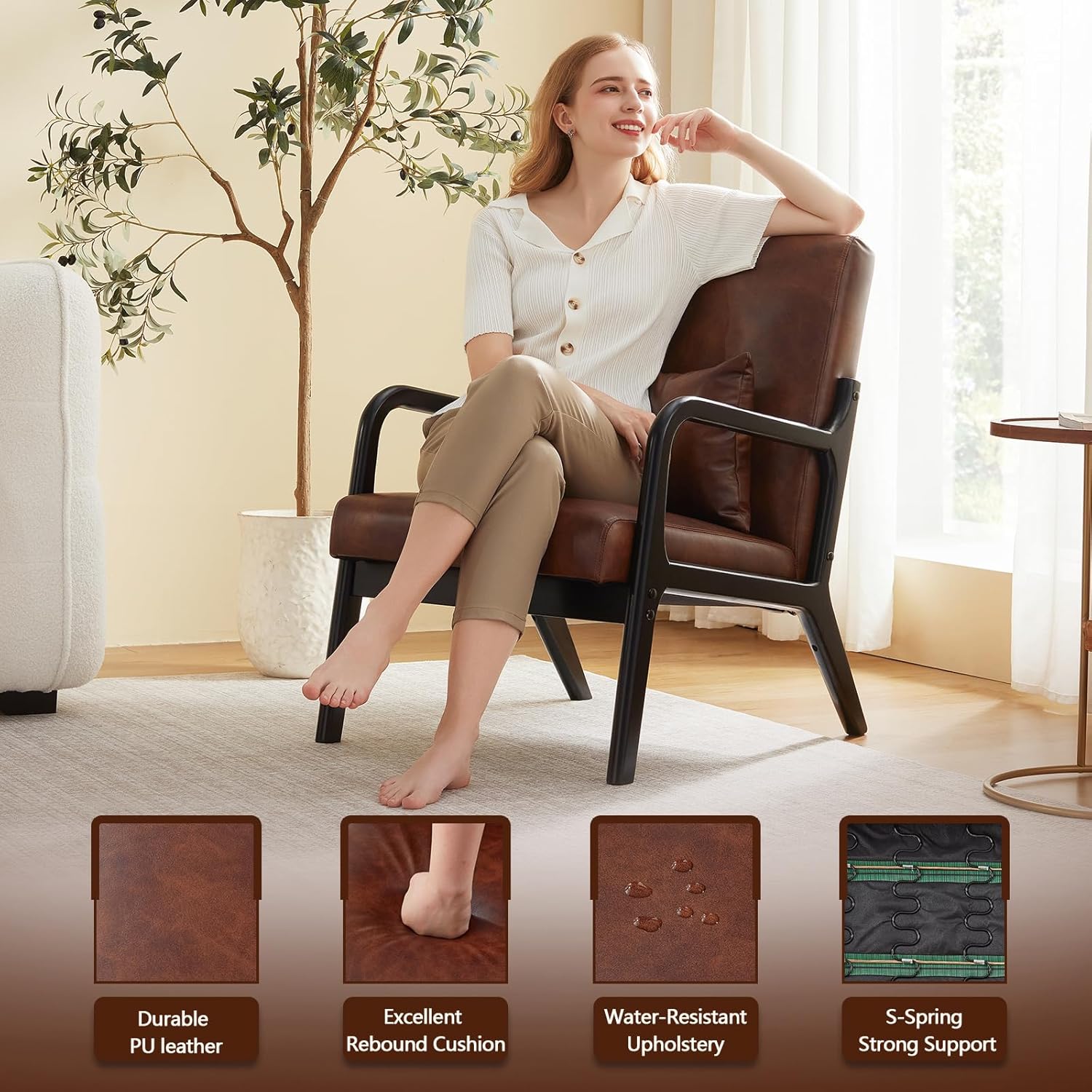 Achicsofar Accent Chair Mid Century Modern Armchair with Lumbar Support Pillow Wood Legs PU Leather Upholstered Lounge Chairs Comfy High Back Cushion for Living Room Bedroom