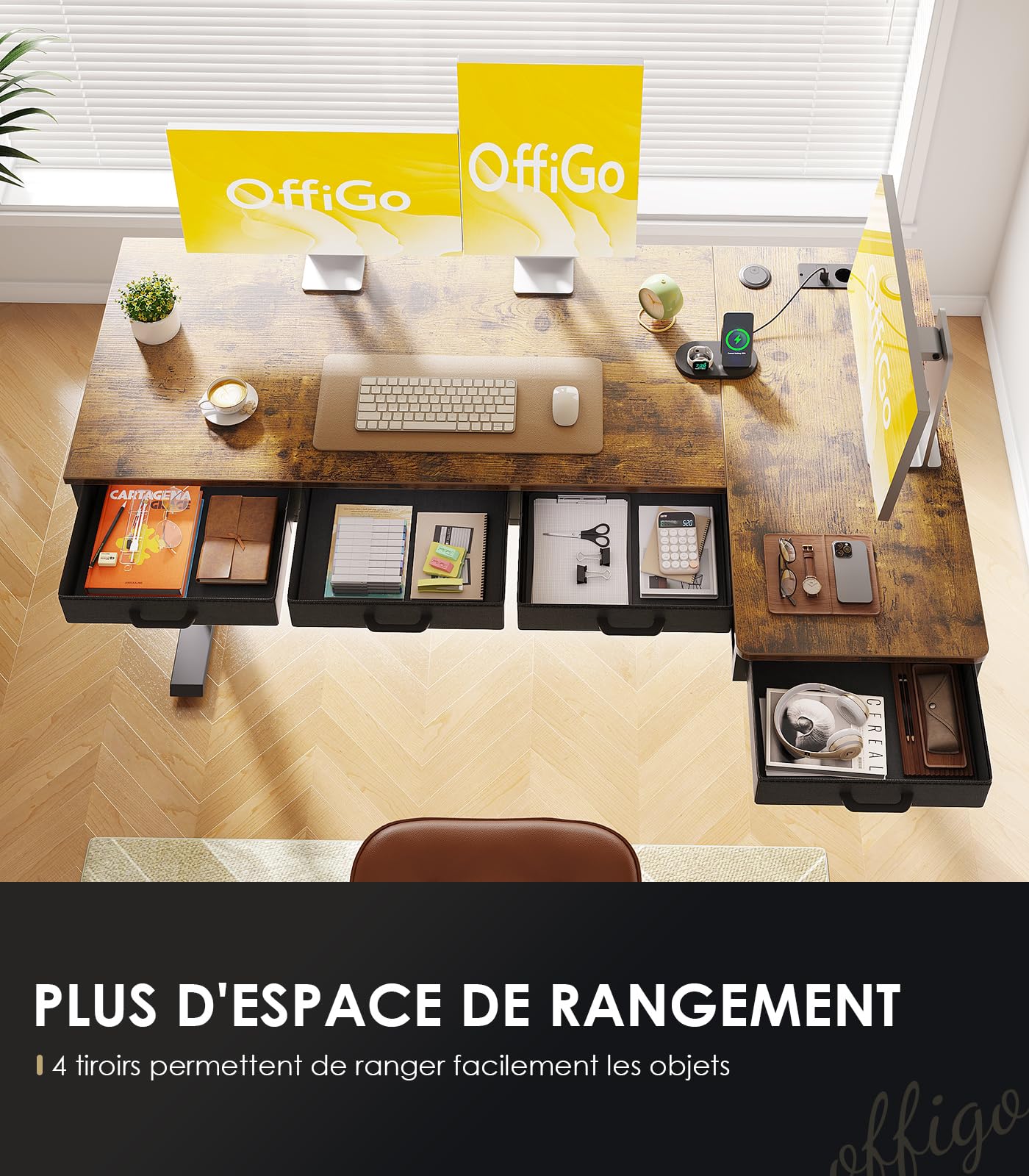 OffiGo Bureau Assis Debout Angle, 160x80cm Bureau Electrique avec 4 Tiroirs, Grand Table d'angle avec Prise, Standing Desk Réglable en Hauteur avec Rangement pour la Maison, Brun Rustique