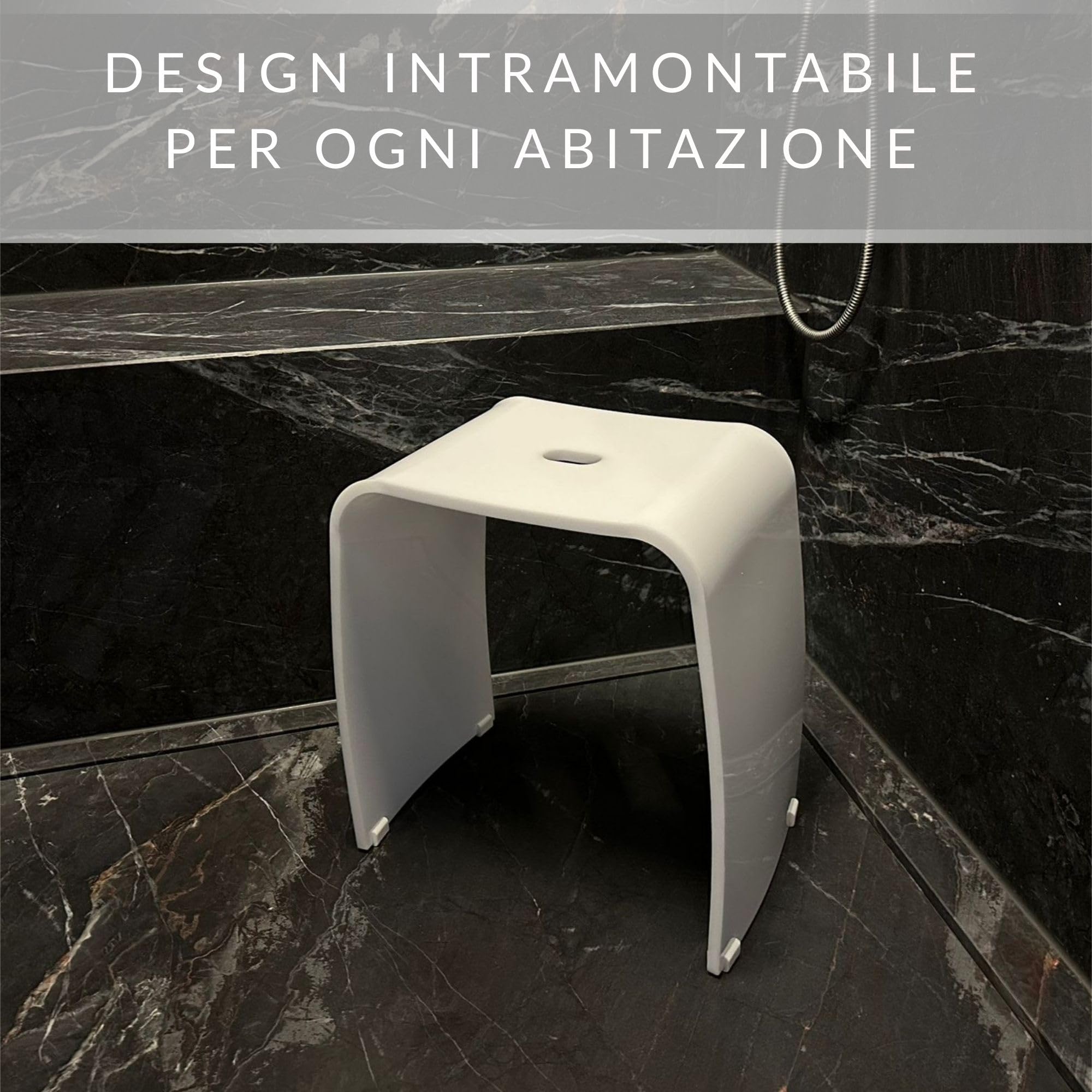 Meran Sgabello da Bagno – Sgabello per Doccia in Acrilico Bianco con Maniglia, Seduta Ergonomica, Piedini Antiscivolo e Design Moderno (Portata 180 kg)