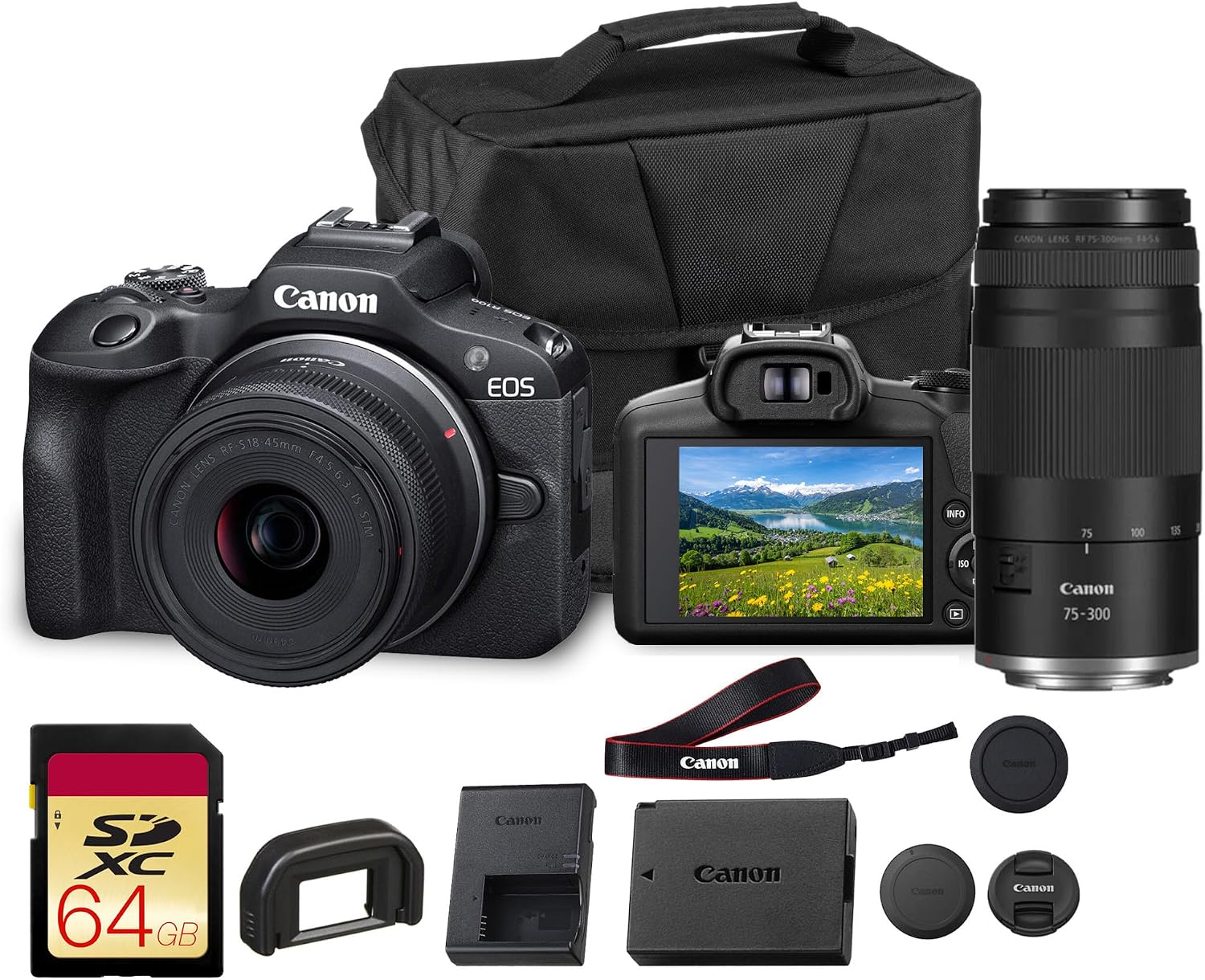 EOS R100 Mirrorless Camera with 18-45mm & 75-300mm Double Lens Bundle | For Photography & Video | 24.2MP APS-C Mirrorless Camera | 4K Video | Dual Pixel Autofocus + 64GB Memory Card + Camera Bag