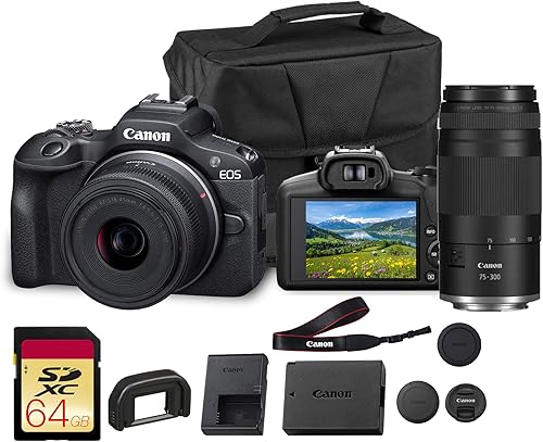 Canon EOS R100 - Cámara sin espejo con kit de lentes dobles RF-S 18-45mm y RF 75-300mm | Cámara compacta de 24.2MP APS-C con video 4K, enfoque