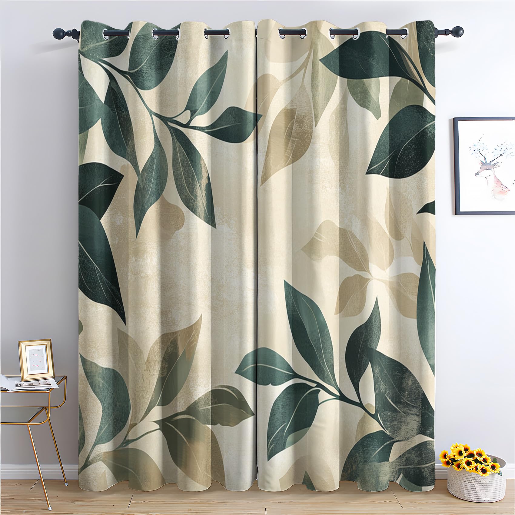Niyaka Green Brown Green Leaf Curtain Blackout, Tropical Leaves Curtains 46X90, Living Room & Bedroom Decor Drapes, Thermal Insulated Eyelet Window Treatments 90 Drop, 2 Panels Lukc1307