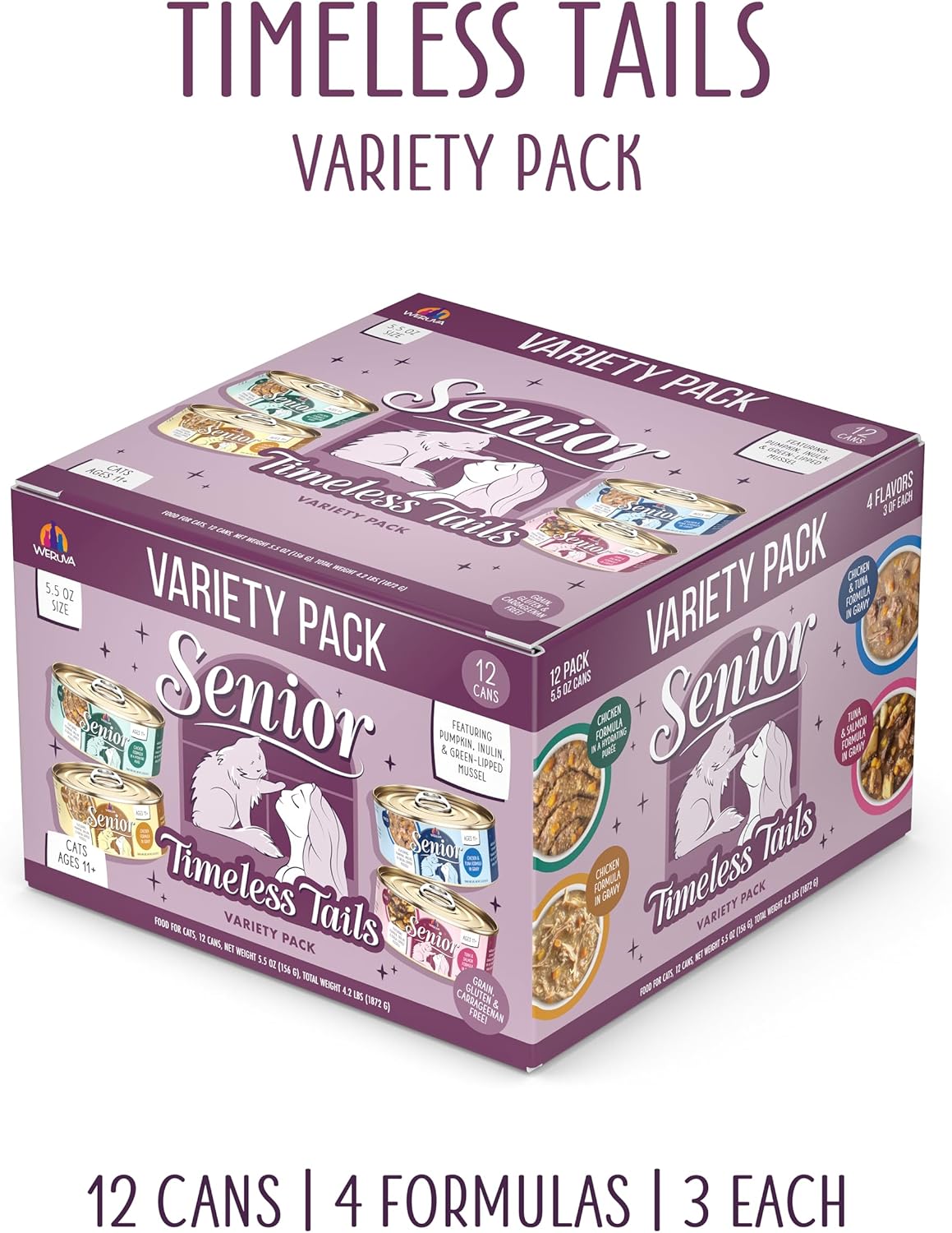 Weruva Senior Cat Food, Timeless Tails Variety Pack, 5.5oz Can, Pack of 12