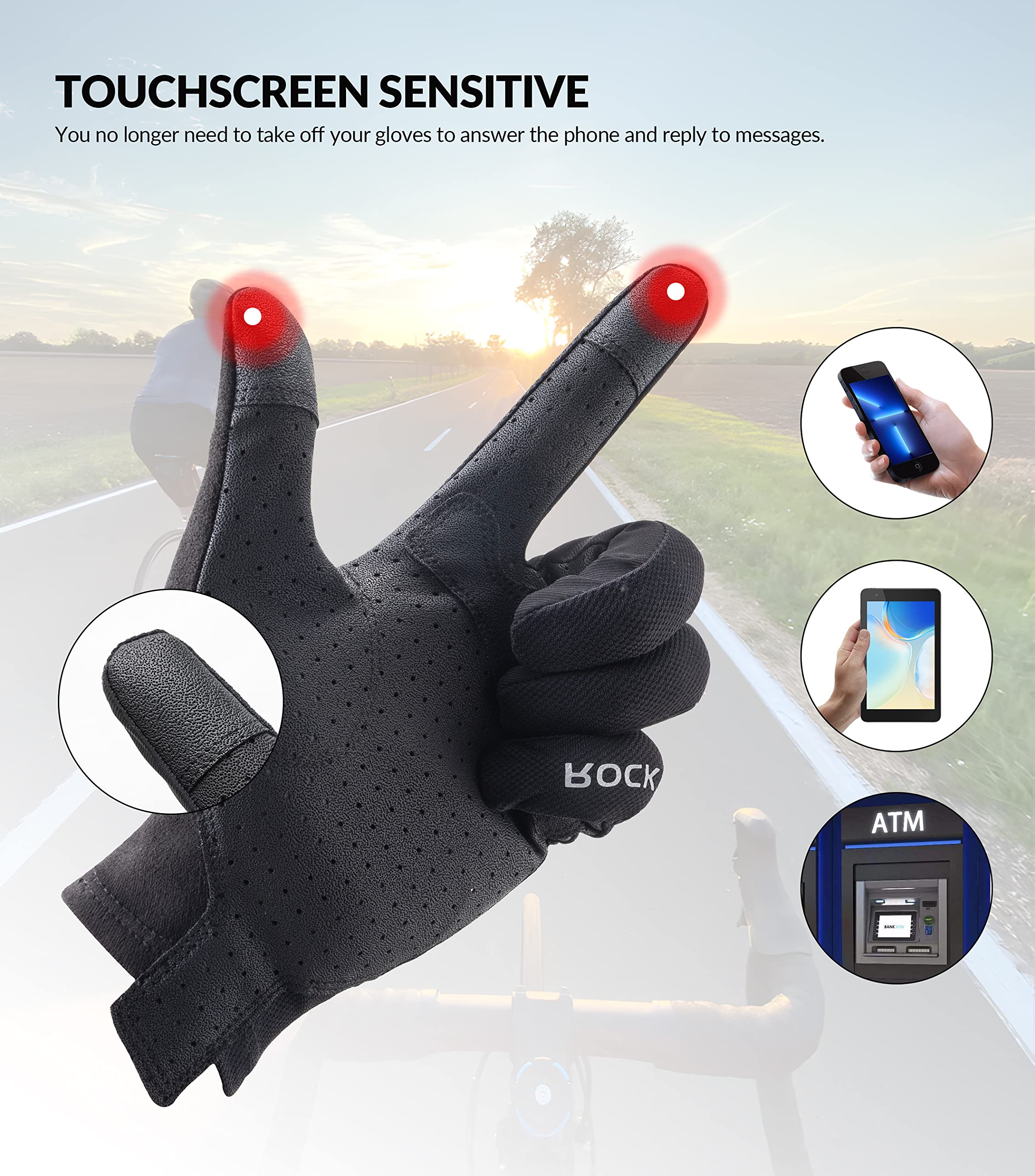 ROCKBROS Guantes de Ciclismo Pantalla Táctil para Hombre Mujer, Guantes Largos de Verano Transpirables para Bicicleta Deportes, Negro