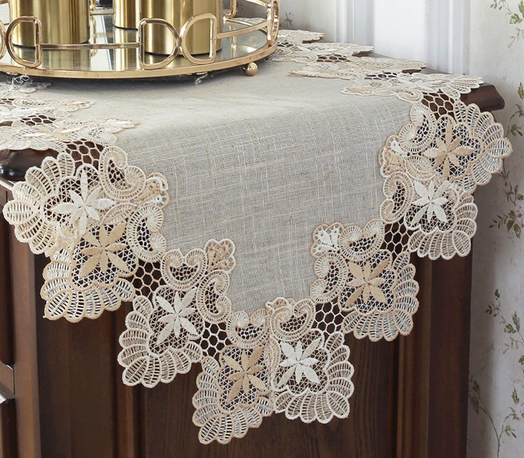 Tischläufer Landhausstil Polyester, Tischläufer Wohnzimmer 43x180 cm, Leinenoptik mit Bestickter Spitze