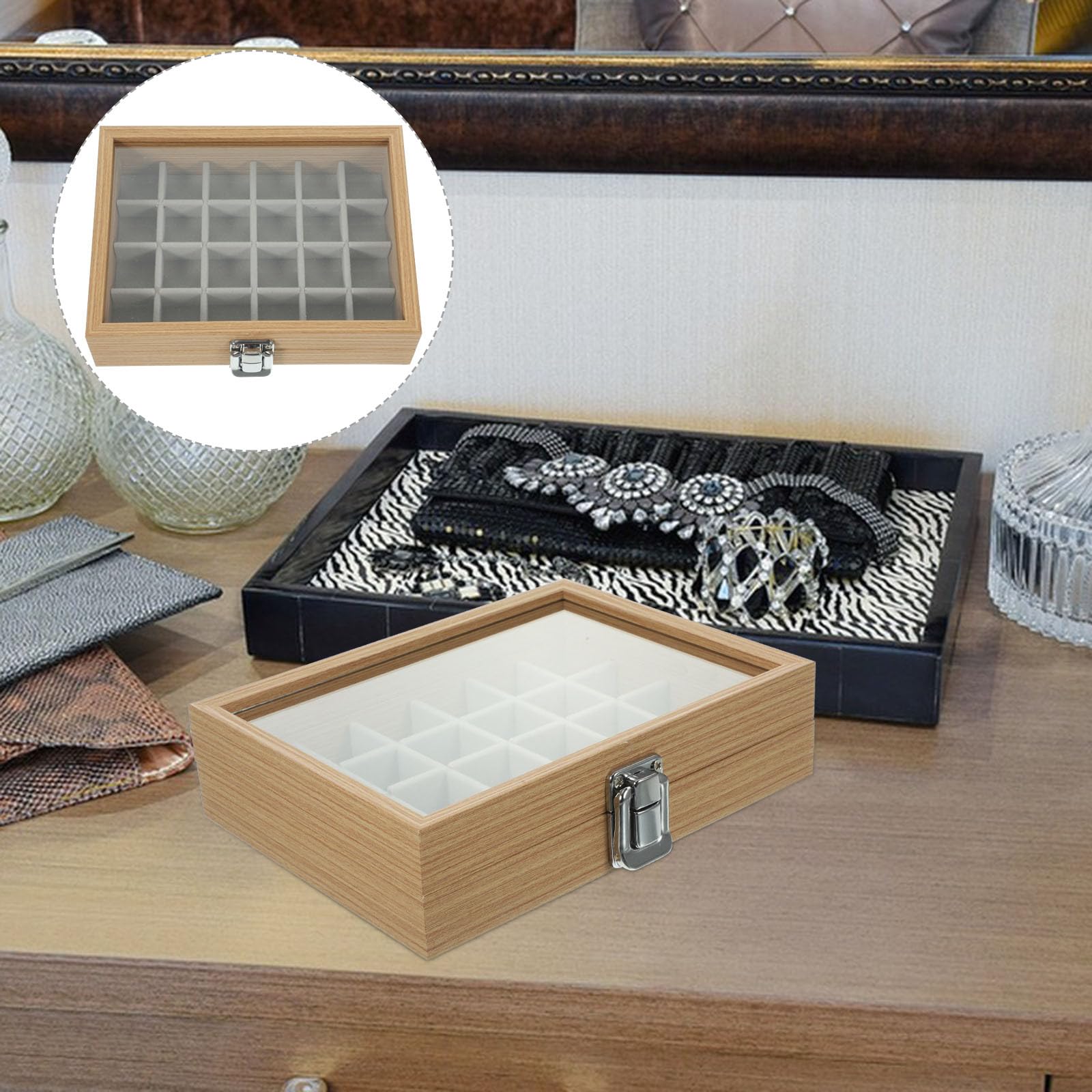 Boîte à Bijoux Bois à Compartiments avec Couvercle Transparent Organiseur de Rangement Compact et Résistant pour Bracelets Colliers Bagues et Montres Boîte Esthétique