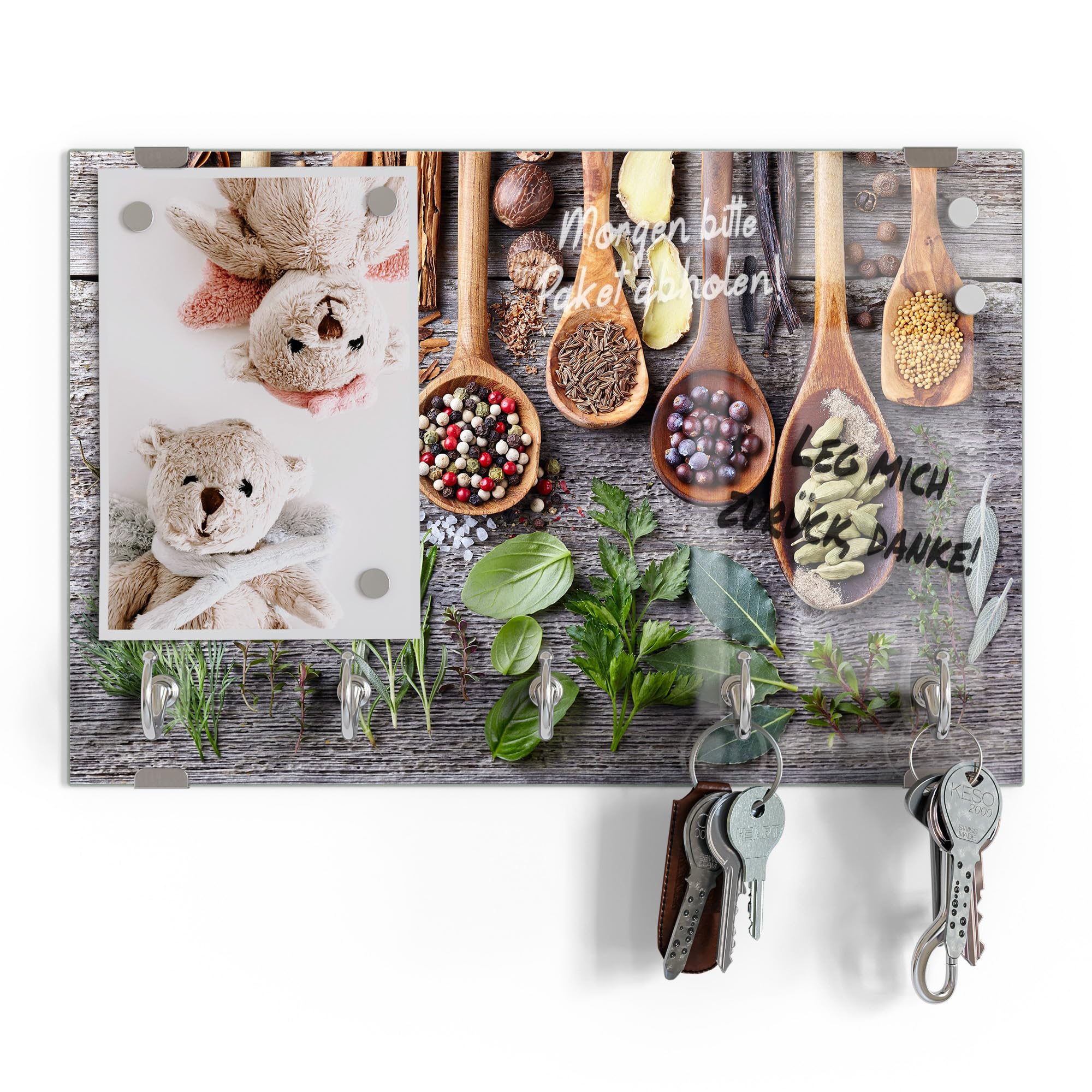 DEQORI Tablica na klucze ze szkła | motyw zdobiona łyżką kucharską | ok. 30 x 20 cm | z 5 haczykami, magnetyczna – nowoczesna szafka na klucze i uchwyt na klucze do korytarza, biura, kluczy i breloków