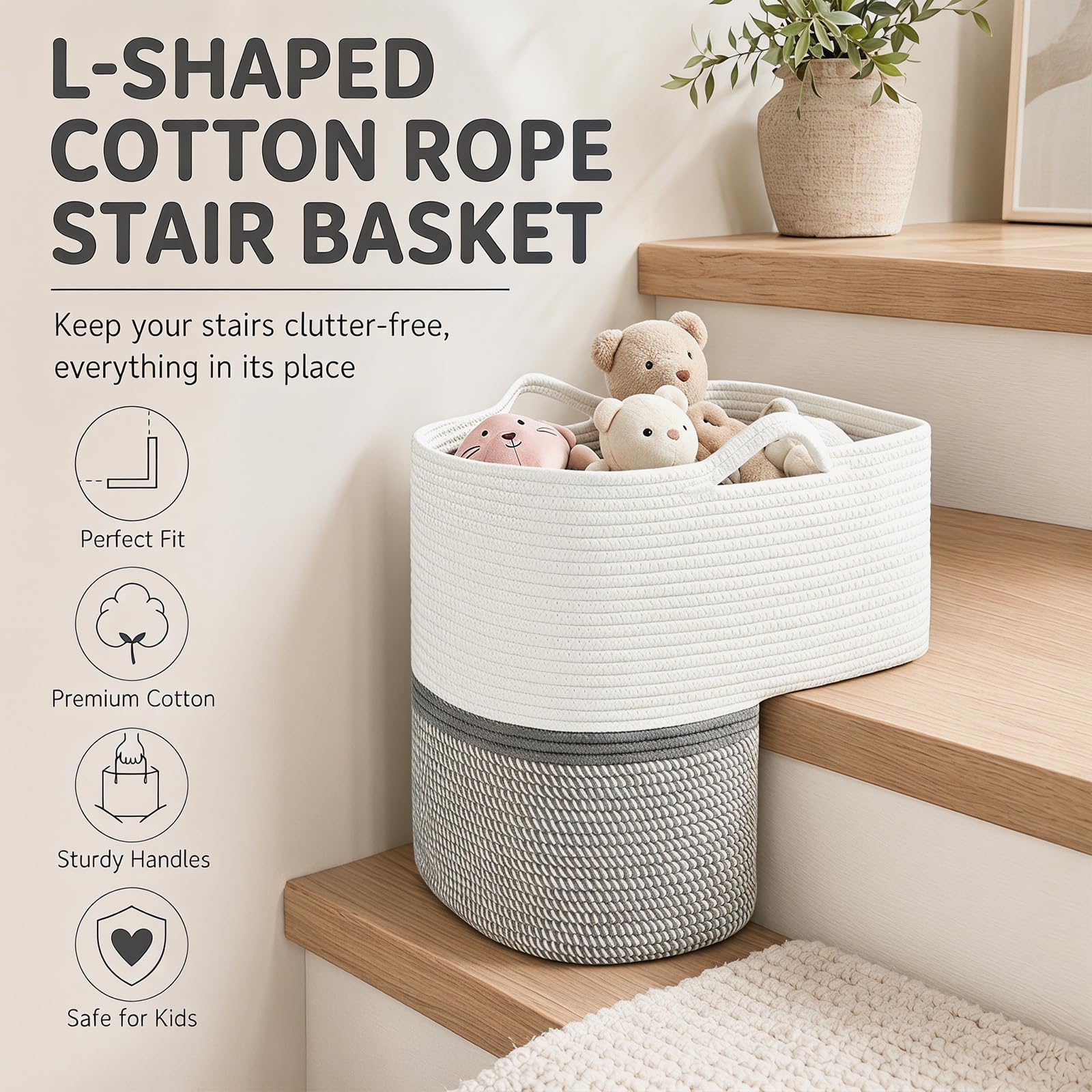 MeYuxg Cesta para Escaleras,Organizador de Escaleras en Forma de L con Asas, Plegable Cesta Organizadora de Escaleras de lino para Artículos del Hogar, Juguetes de Lavandería (B)