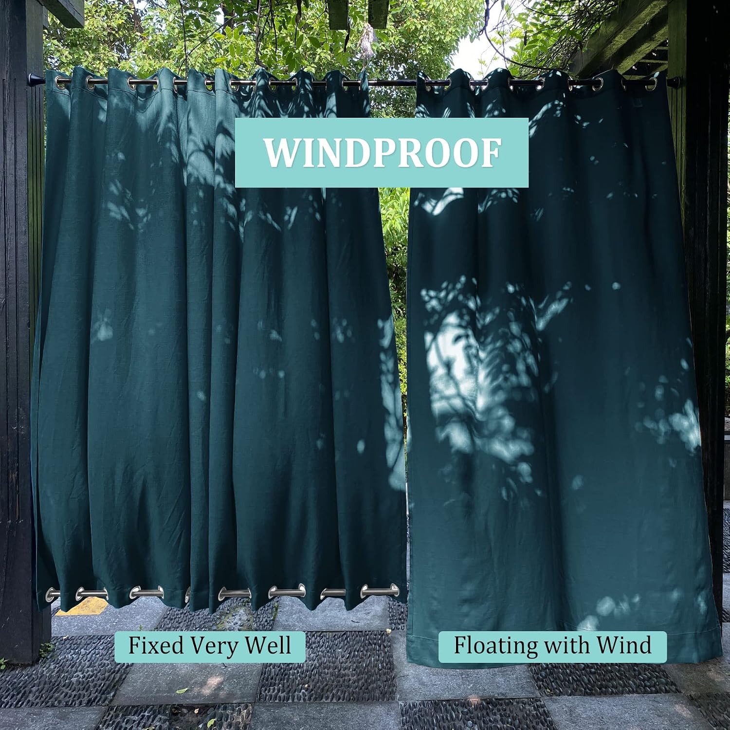 Fcosie Teal Outdoor Curtains for Patio Waterproof Extra Wide 120 W x 96 L Inch, Rustproof Grommet Linen Curtains Light Reducing Drapes Shades for House Outside Open-air Dining Outdoor Deck, 1 Panel