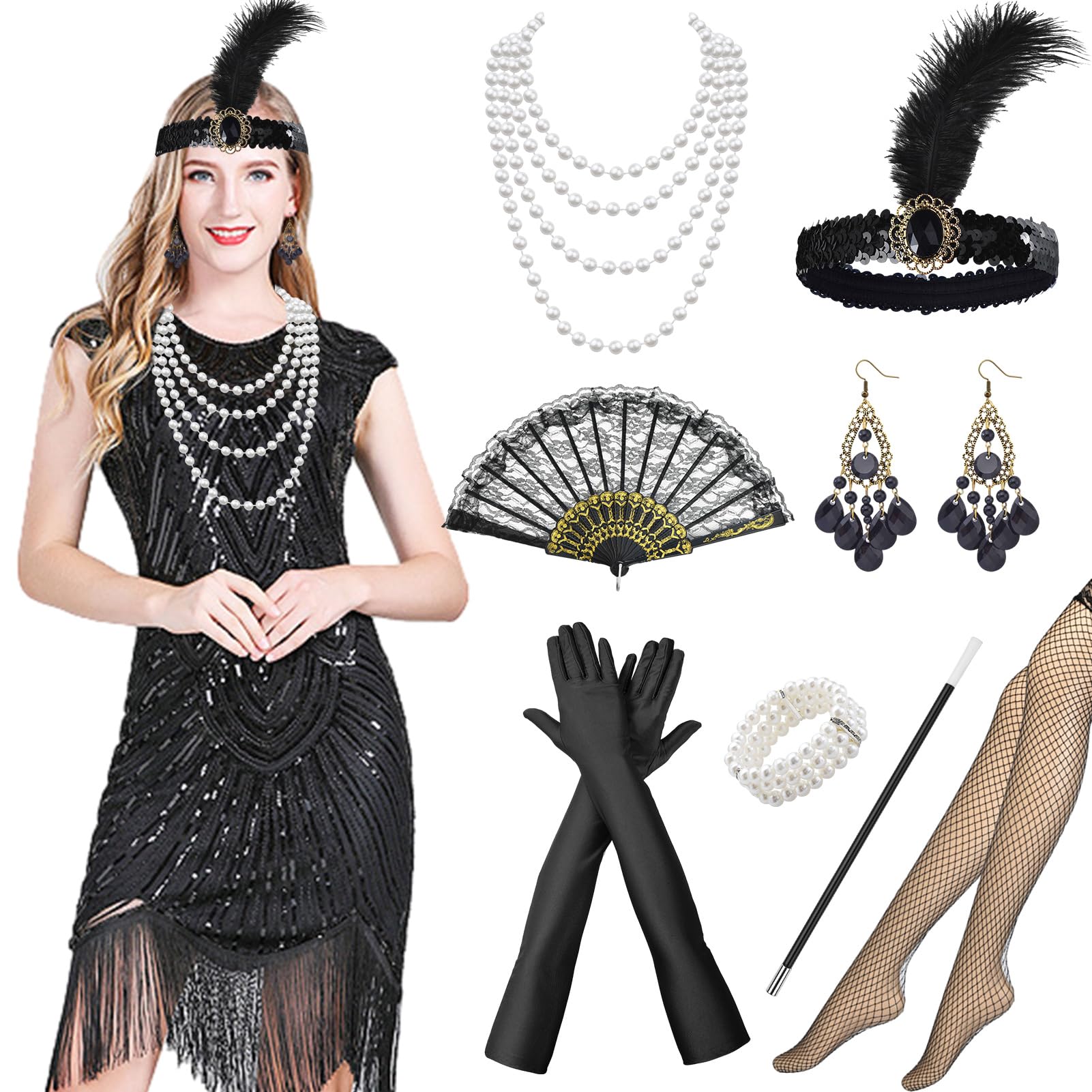 Disfraz de los años 20 para mujer, vestido de charlestón, cuello de pico, lentejuelas y flecos, vestido con accesorios de los años 20, vestido vintage Gatsby para disfraz de carnaval