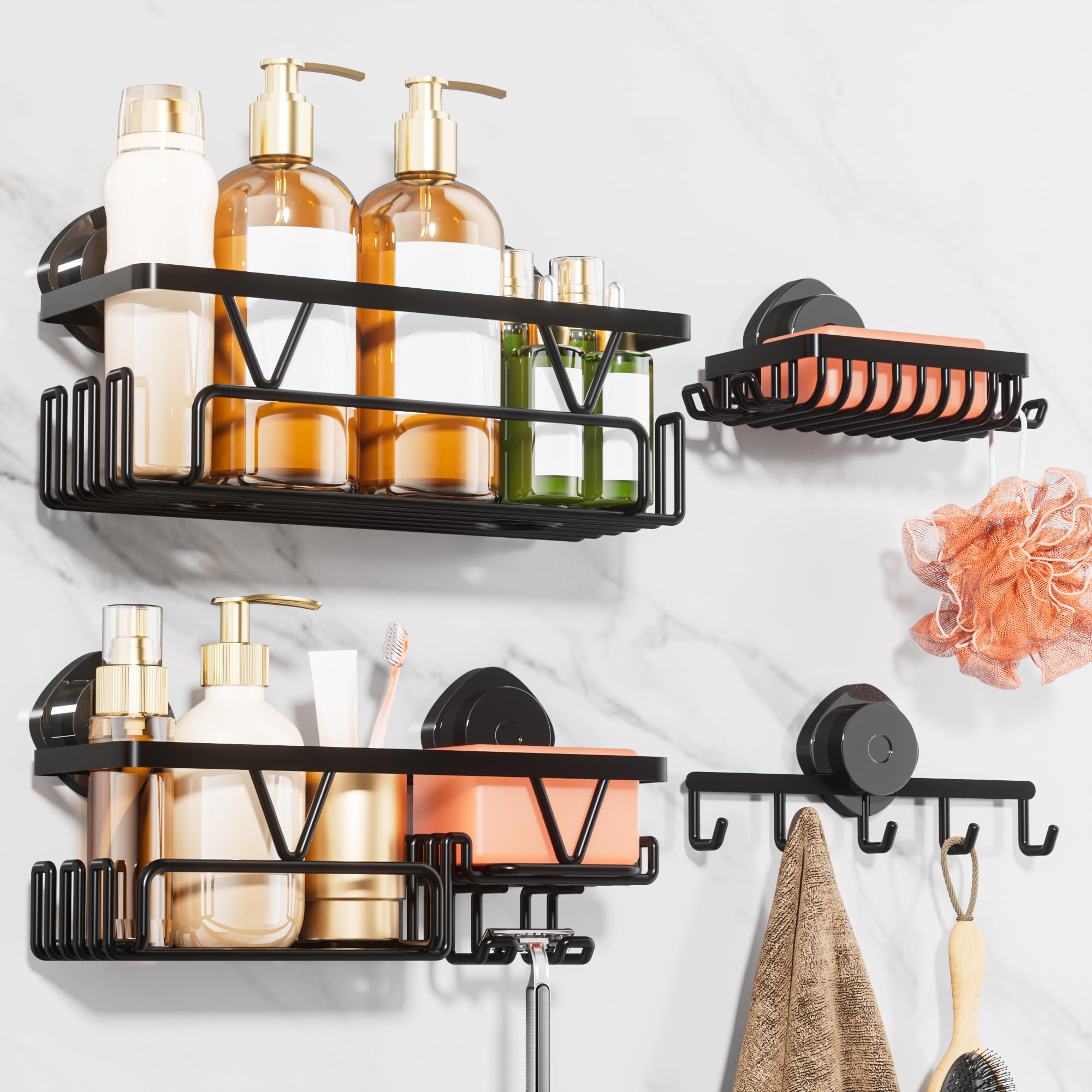 KEGII Shower Caddy Suction Cup 4 Pack Suction Shower Shelf with Towel Rack No Drilling Removable Shower Organizer