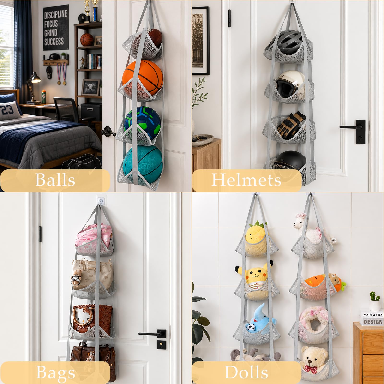Organizador de Balones de Malla de 4 Niveles, Soporte Vertical para Balones para Puerta o Pared, para Baloncesto, Fútbol, Voleibol, Juguetes y Snacks, Ahorro de Espacio para Garaje, Hogar y Sótano