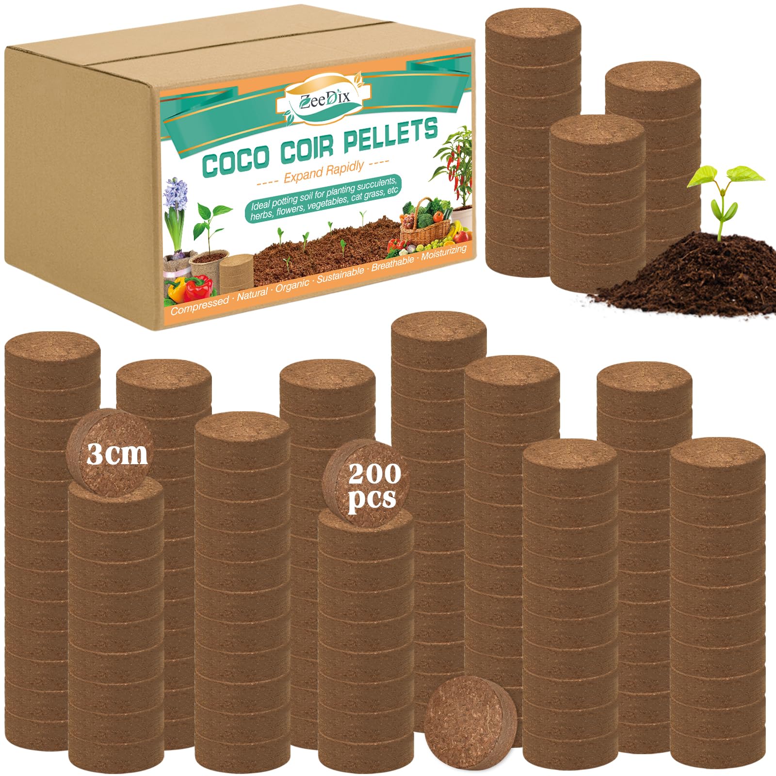 ZeeDix 200pcs(30mm) Coco Coir Pellets Potting Soil Indoor Plants, Compressed Coconut Coir Soil Pellets Seed Starting Pellets Discs for Planting Flowers Bonsai Herbs Plants and Vegetables