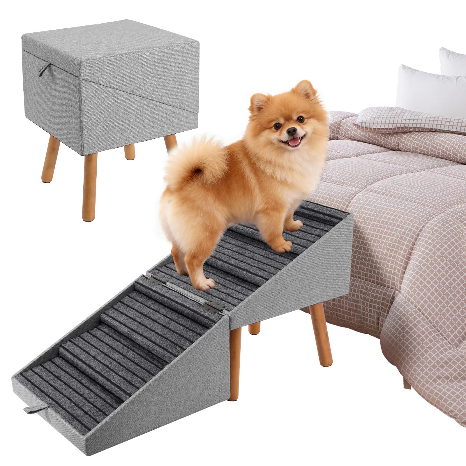 dog ramp for bed & couch, dog stairs 21.06 inches high for large/medium/small doggie, foldable 2 in 1 wooden pet steps for puppy older and injured dogs, split ottoman design, no-slip surface
