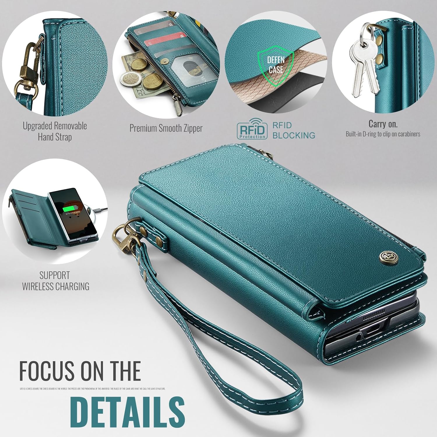 Defencase for Samsung Galaxy Z Fold 7/ Fold7 Wallet Case with RFID Blocking 10-Card Holder, Fashion Soft PU Leather Magnetic Snap Flip Zipper Wrist Strap Phone Case for Galaxy Z Fold 7 5G, Blue Green