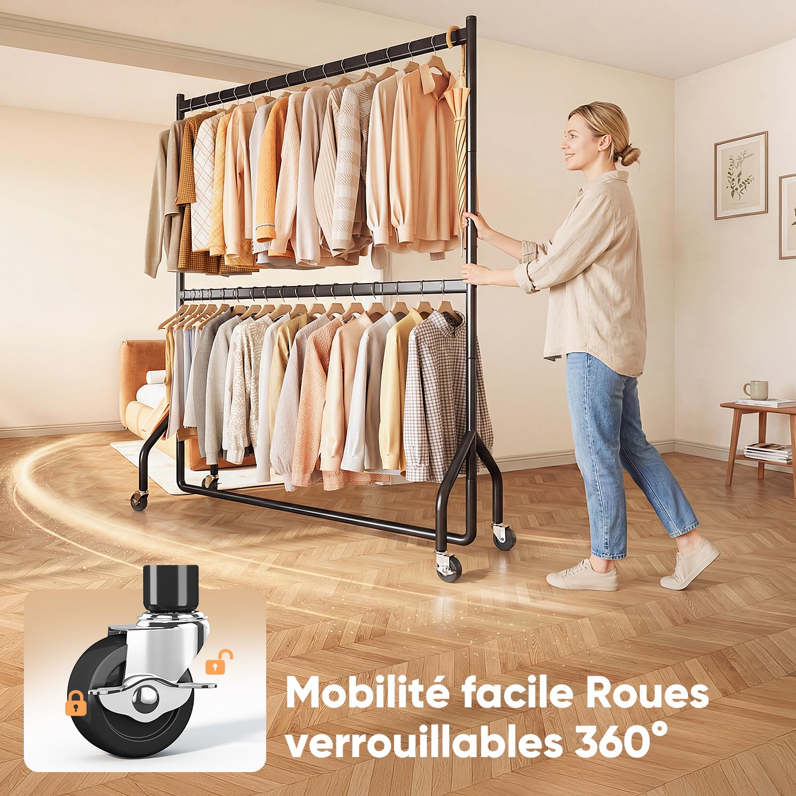 HOKEEPER Porte-vêtements double résistant aux charges lourdes avec grande capacité, organisateur de placard à roulettes pour boutiques, chambre, buanderie, 180 cm