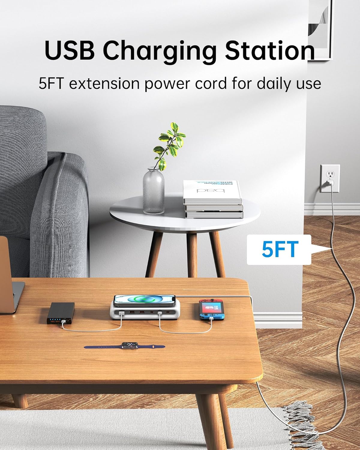 USB C Charging Station with 10W Wireless Charger, 145W USB C Charger Block with with 5FT Extension Cord, 7-in-1 Multi USB Charging Station for Home Office