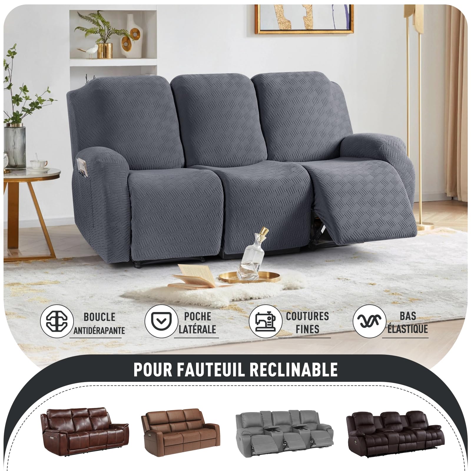 KinCam Housse de Fauteuil Extensible en Jacquard, Housse de Fauteuil Relax avec Poche, Housse Fauteuil Relax pour Chiens et Chats, Douce et Lavable Housse canapé Relax 3 Places Gris foncé