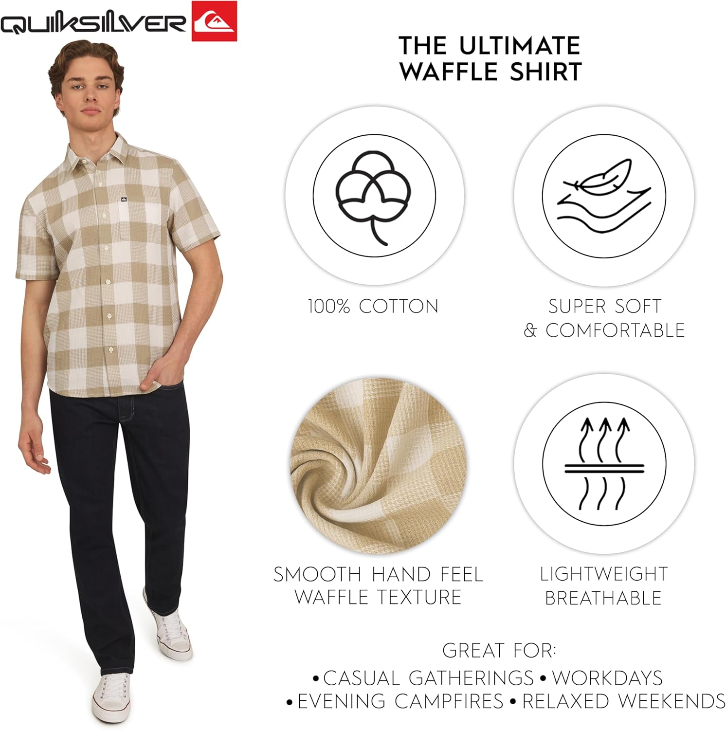 Quiksilver Men's Regular Fit Premium Cotton Short Sleeve Button Up Waffle Woven Shirt - Image 3