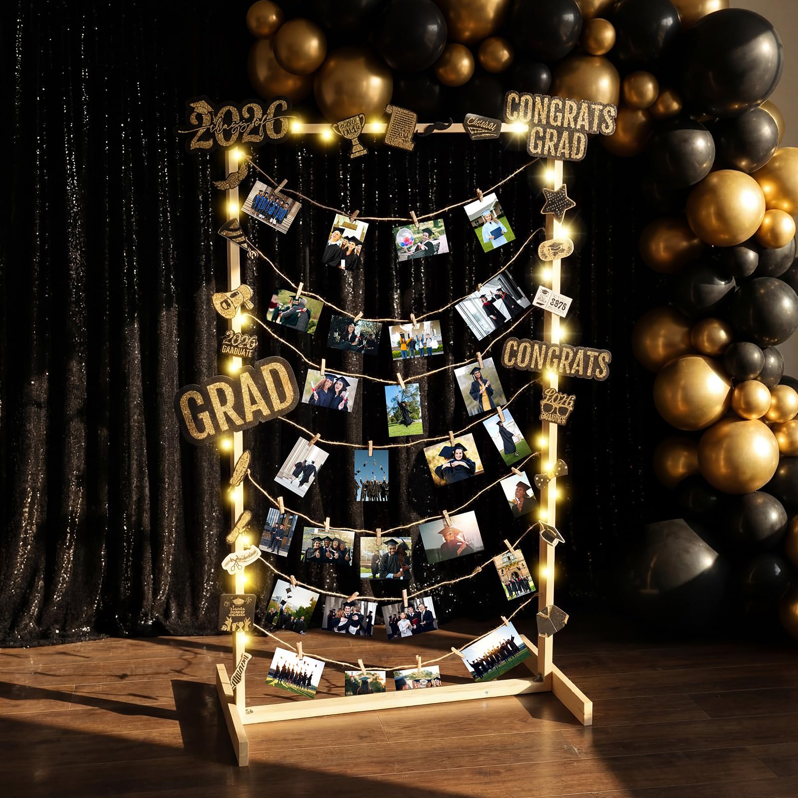 Photo 1 of Colingmill 47 Inch Wooden Graduation Picture Display Frames Board Graduation Decorations Class of 2026 Standing Collage Picture Frame with String Light 30 Metal Clips for Grad Photo Party Decor