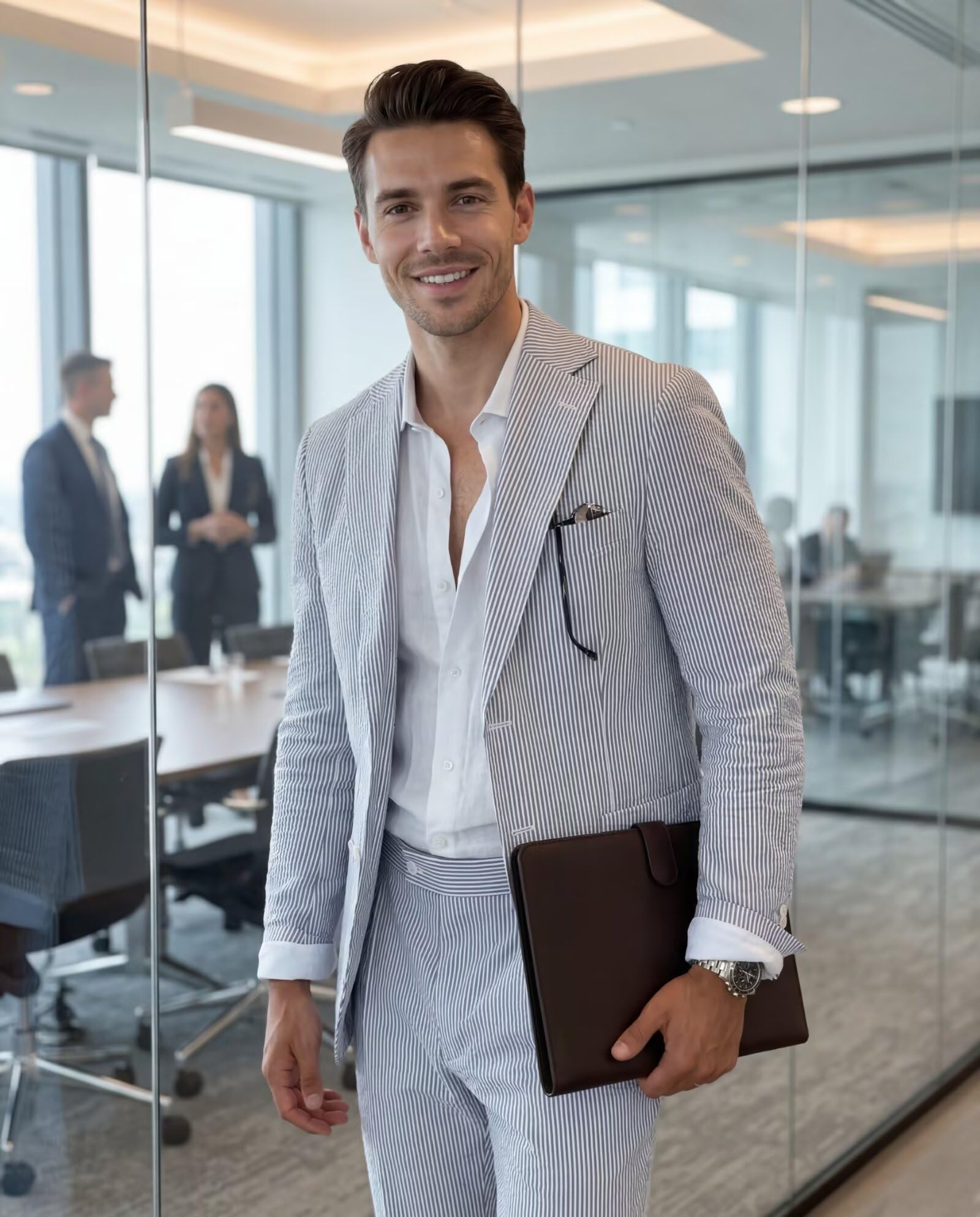 Completo da uomo in seersucker blu, 2 pezzi, per estate, spiaggia, matrimonio, sposo, abito a righe, con blazer e pantaloni, set leggero traspirante