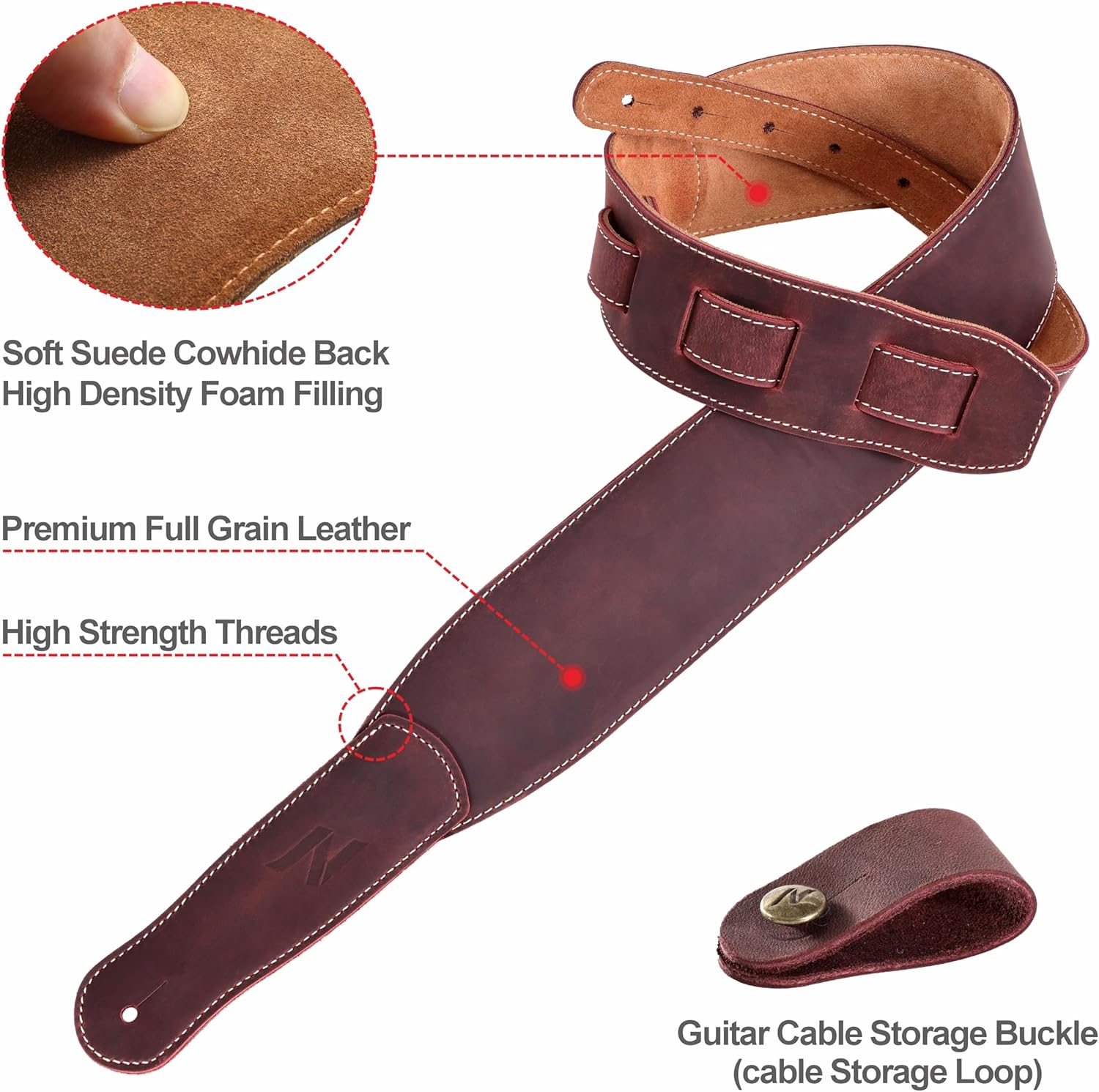 Nefelibata 3-Inch Guitar Strap, Full Grain Leather with Foam Padding and Cable Organizer Loop for Kids, Men and Women for Acoustic, Bass and Electric Guitar(Vintage Burgundy)