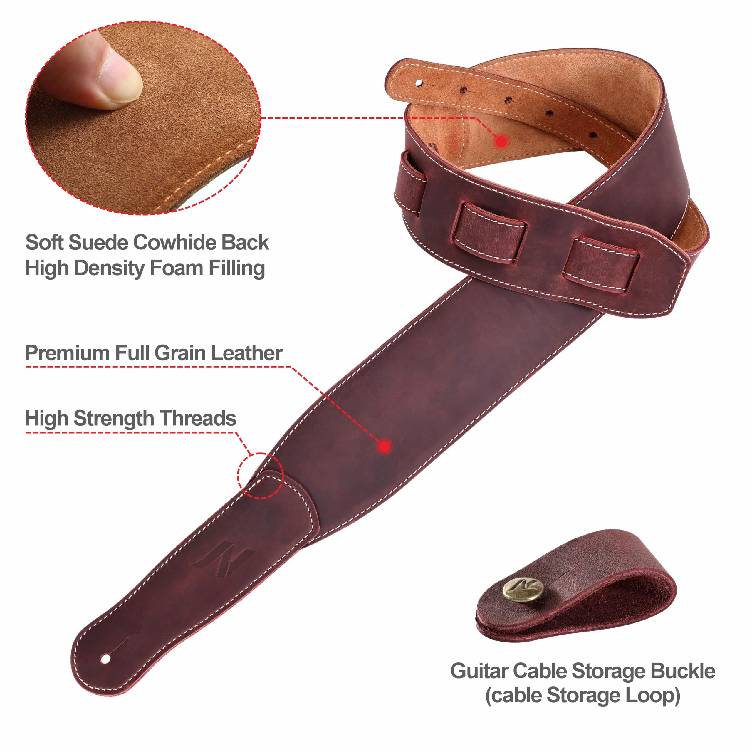 Nefelibata Correa de guitarra de 3 pulgadas, cuero de grano completo con acolchado de espuma y bucle organizador de cables para niños, hombres y mujeres para guitarra acústica, bajo y eléctrica