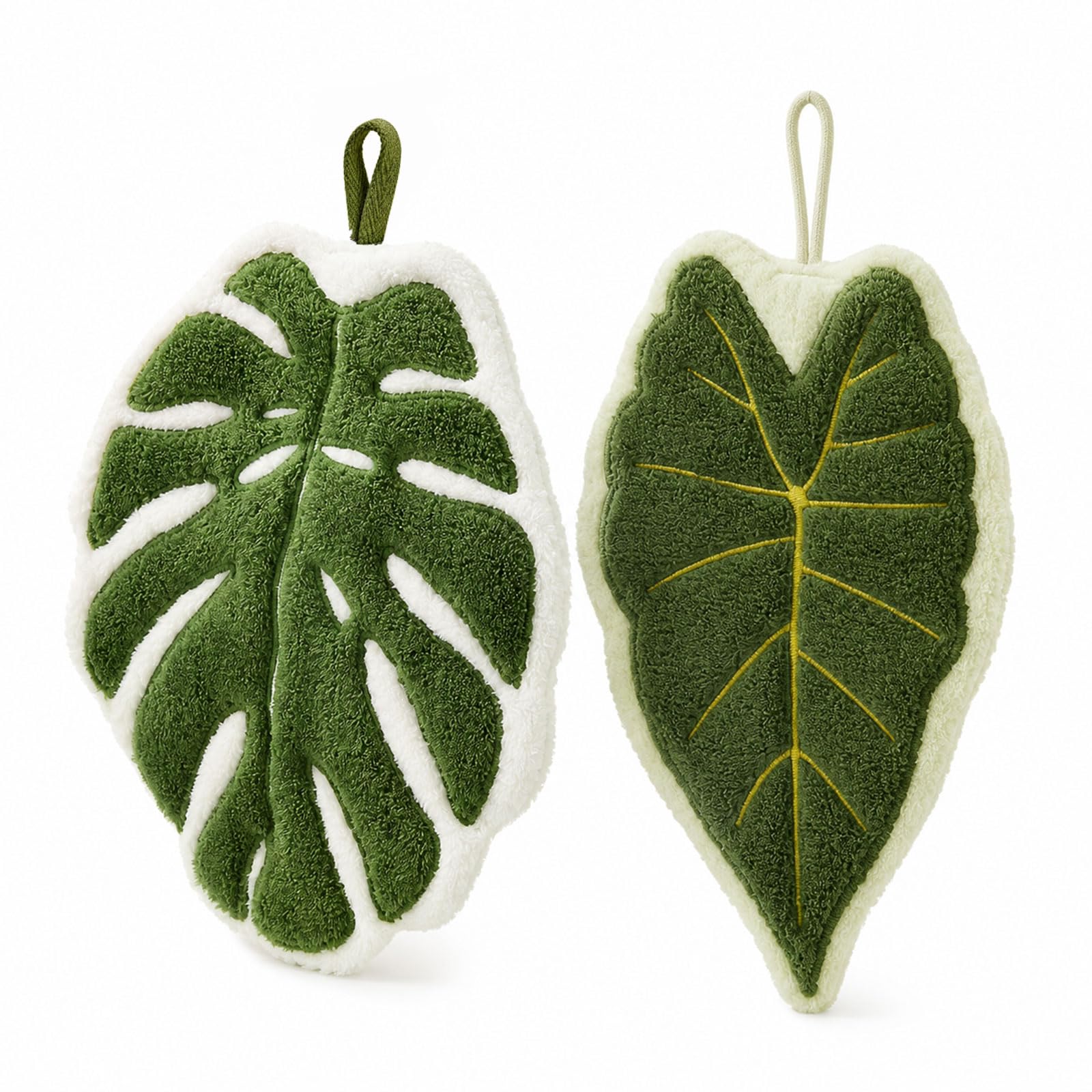 Floruvia 2 Pieces Leaf-Shaped Coral Fleece Hand Towels, Kitchen Towel, Absorbent Quick-Drying Lint-Free for Bath Kitchen Living Room (Green White)